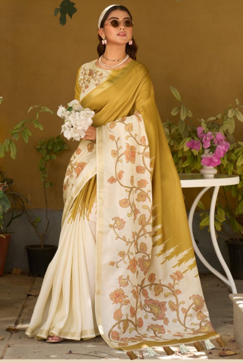 Mustard & Cream Saree With  Print