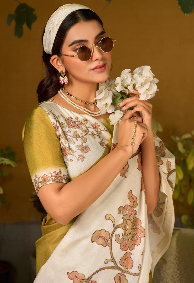 Mustard & Cream Saree With  Print