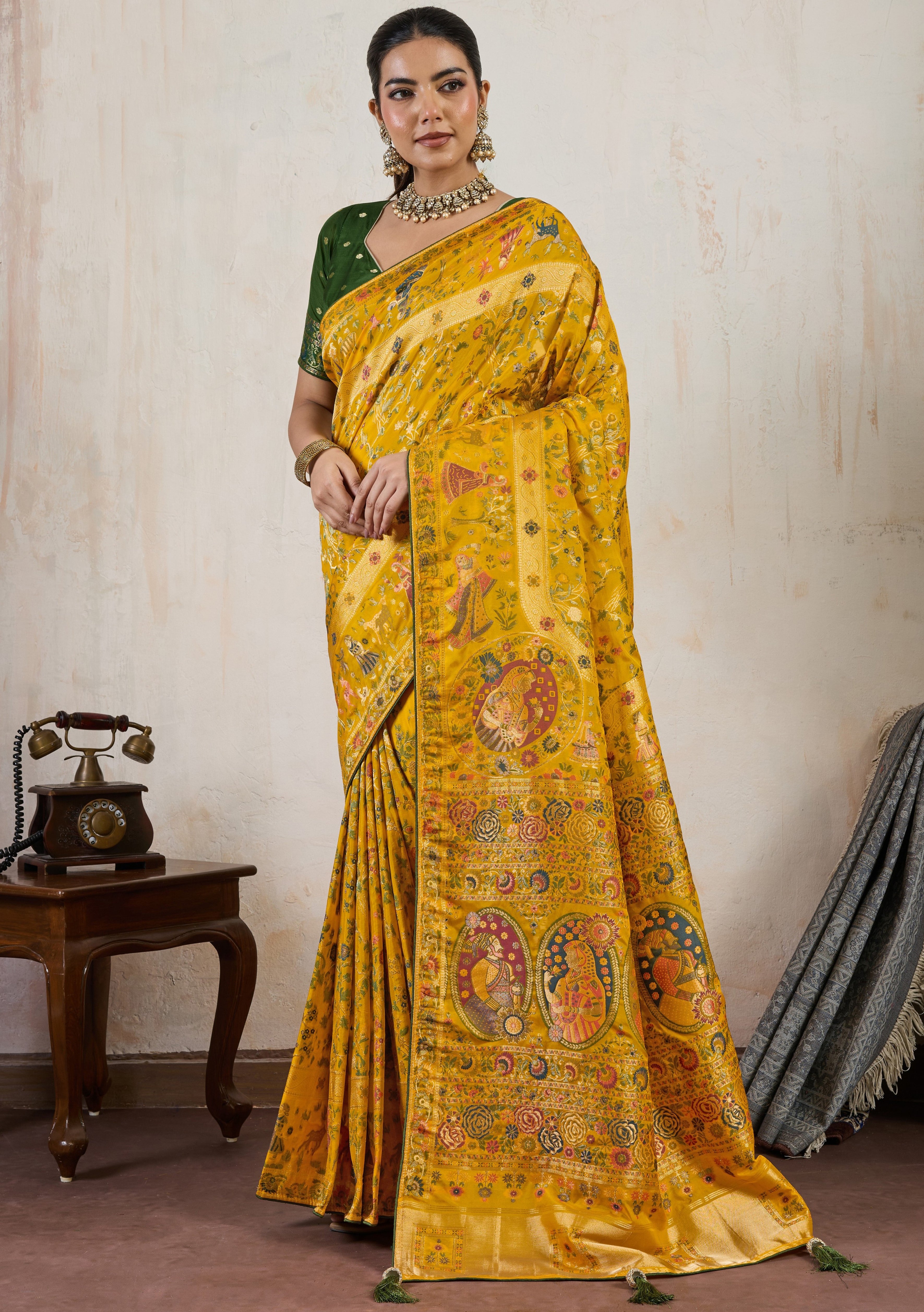 Mustard Saree With  Meenakari with 3 Zari Shades & 8 Color Thread Shades, Creating a Masterpiece