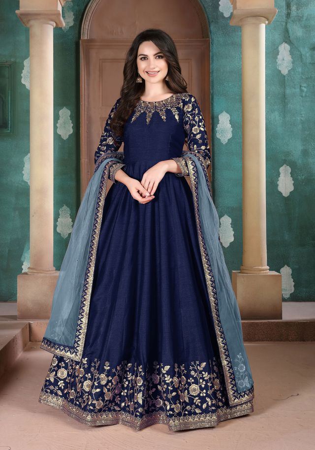 Navy Blue Adda Silk Heavy Embroidery with Embroidered bordered Border Dupatta  Anarkali Suits