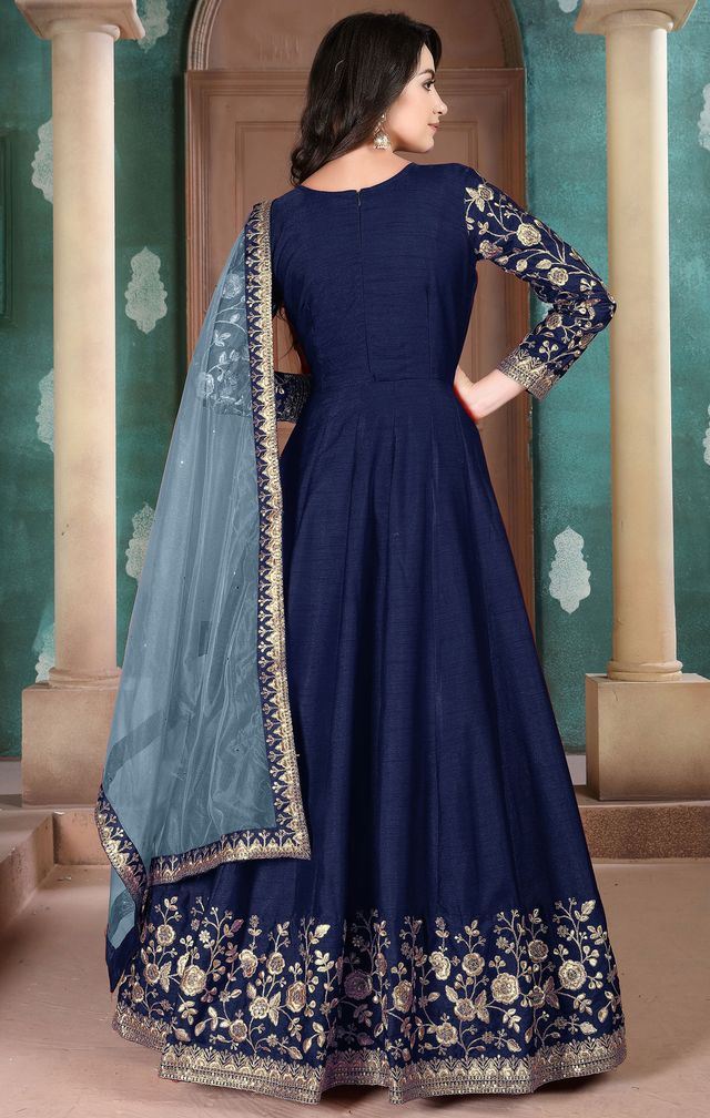 Navy Blue Adda Silk Heavy Embroidery with Embroidered bordered Border Dupatta  Anarkali Suits