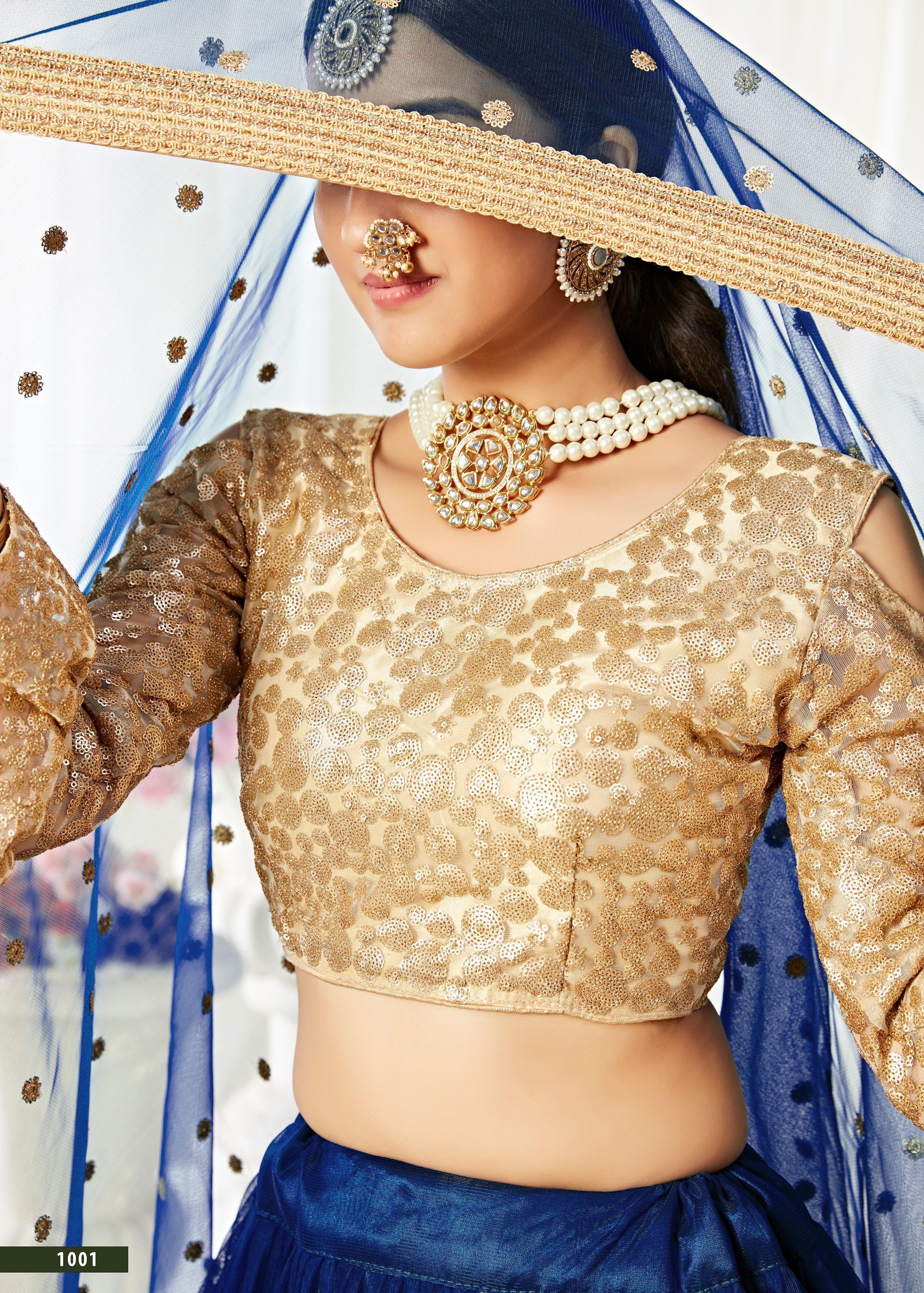 Navy Blue And Golden Lehenga Choli With Sequins And Thread Embroidered Work