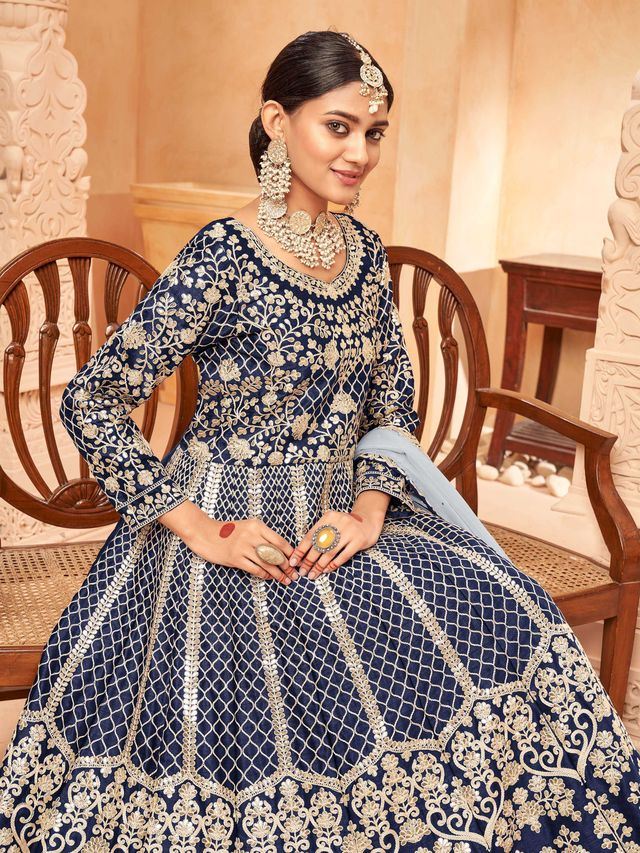 Navy Blue Art Silk Heavy Thread Embroidery with Zari Work  Anarkali Suits