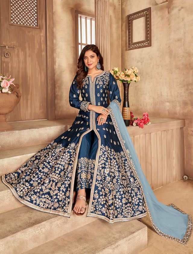Navy Blue Art Silk Thread Embroidery, Zari With Mirror Work  Anarkali Suits