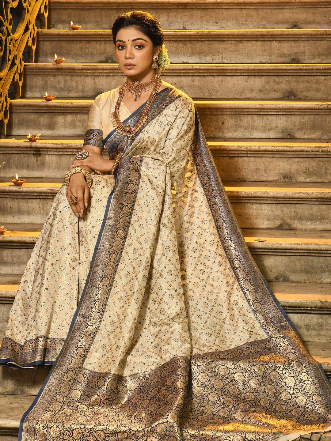 Navy Blue Banarasi Silk Saree With Woven Jacquard Designer Ceremonial Saree