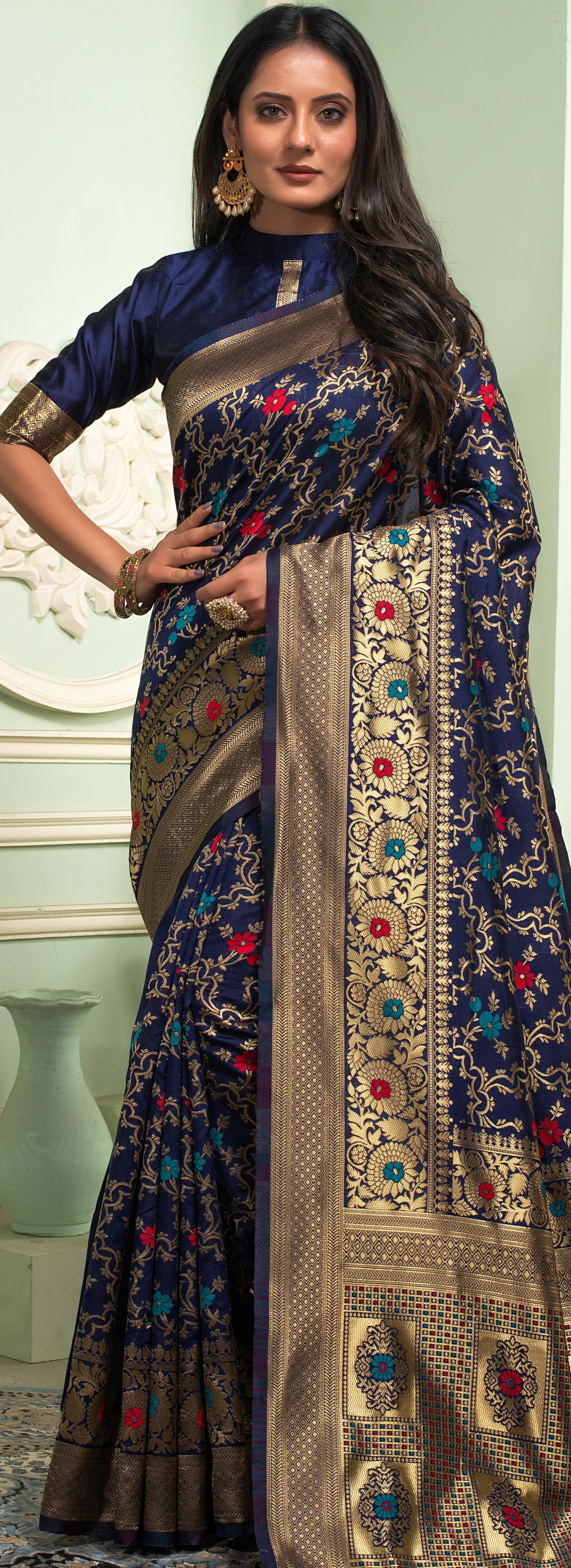 Navy Blue Banarasi Silk  Saree with Jacquard Woven Work