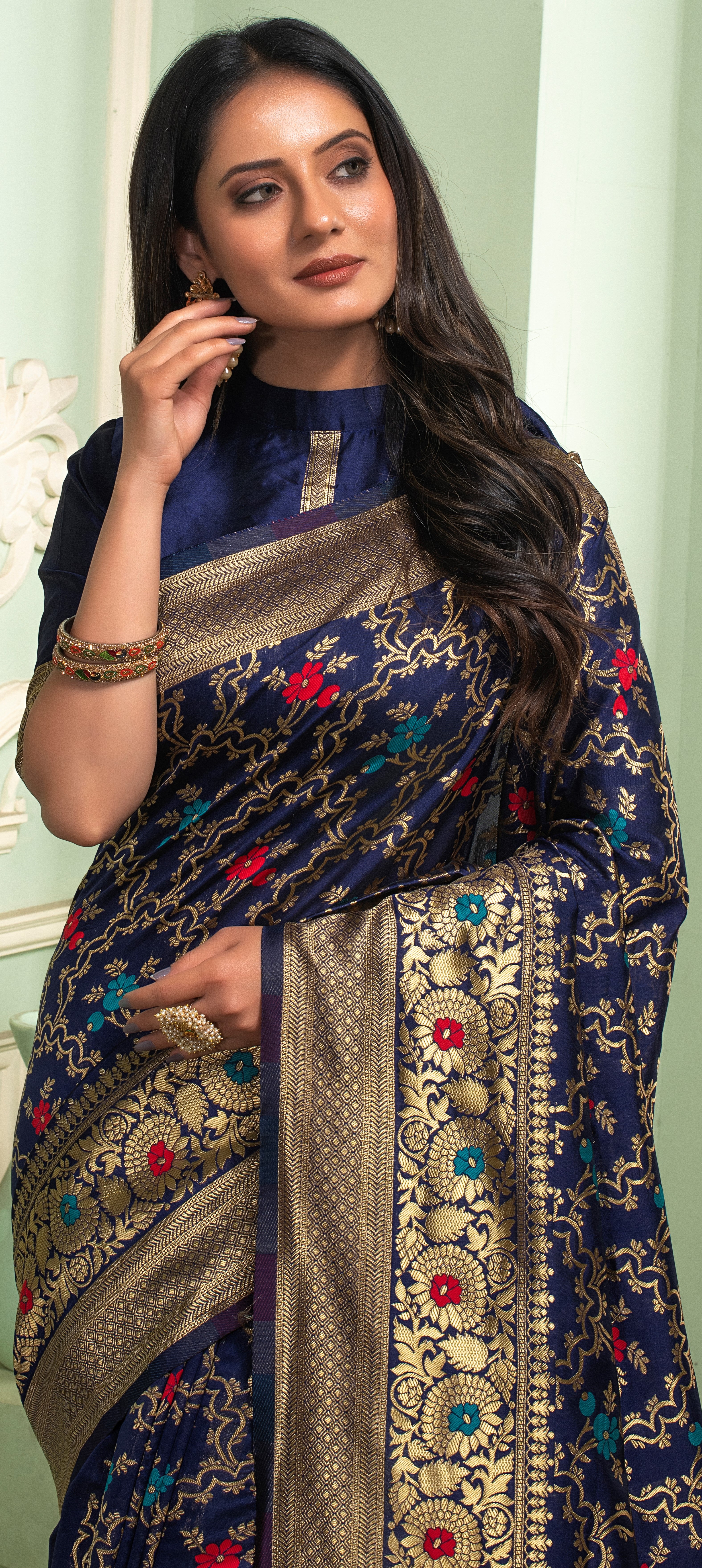 Navy Blue Banarasi Silk  Saree with Jacquard Woven Work
