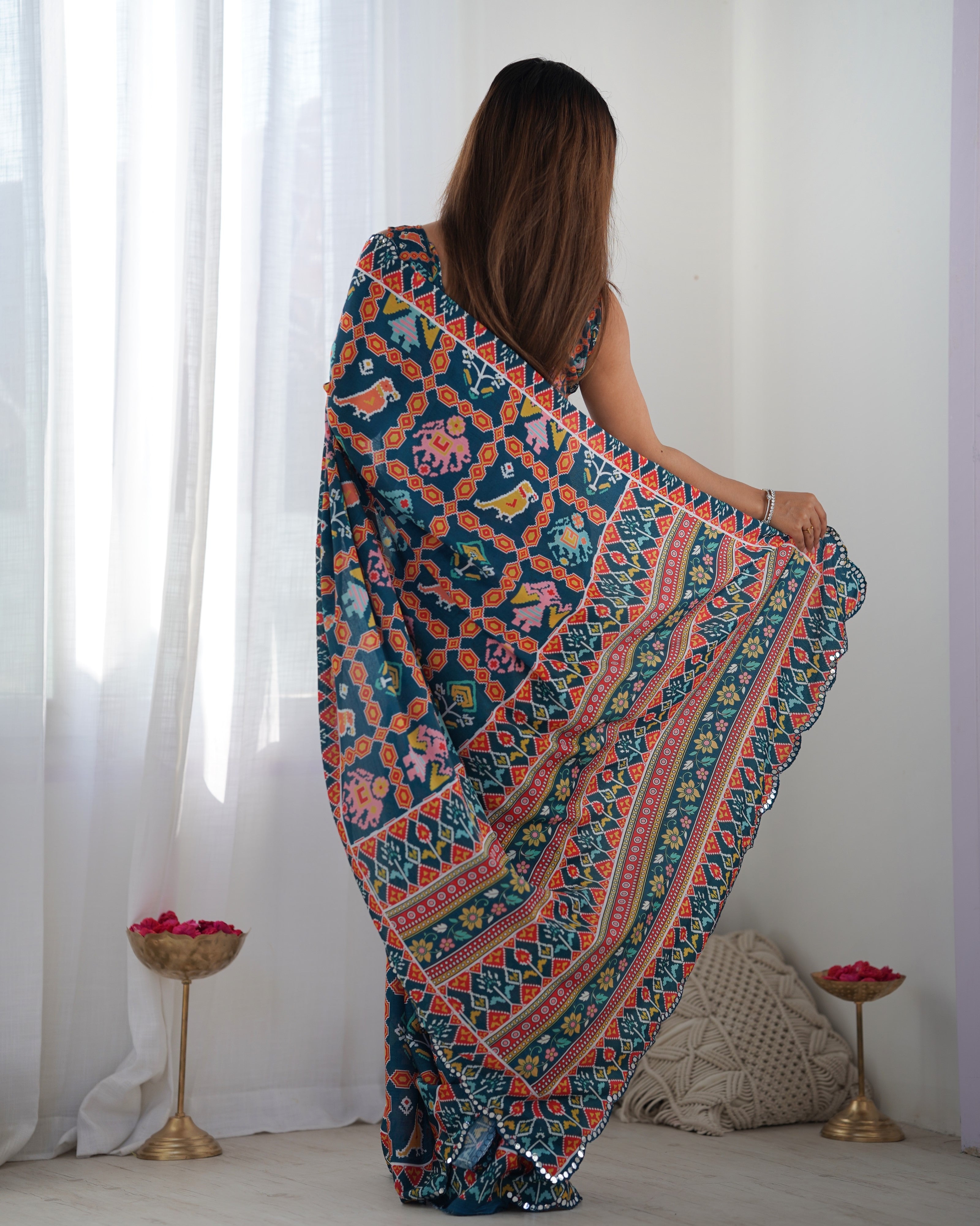 Navy Blue Beautiful Chinon Fabric Digital Printed Saree With Mirror Cut Work