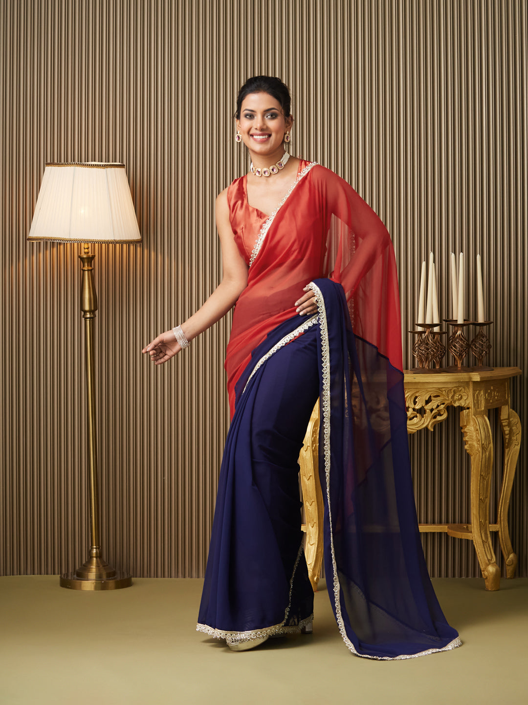 Navy Blue Chiffon Fancy Designer Bollywood Party Saree