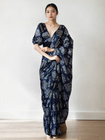 Navy Blue Chinnon Digital Print & Lace Border Trendy Ready To Wear Saree