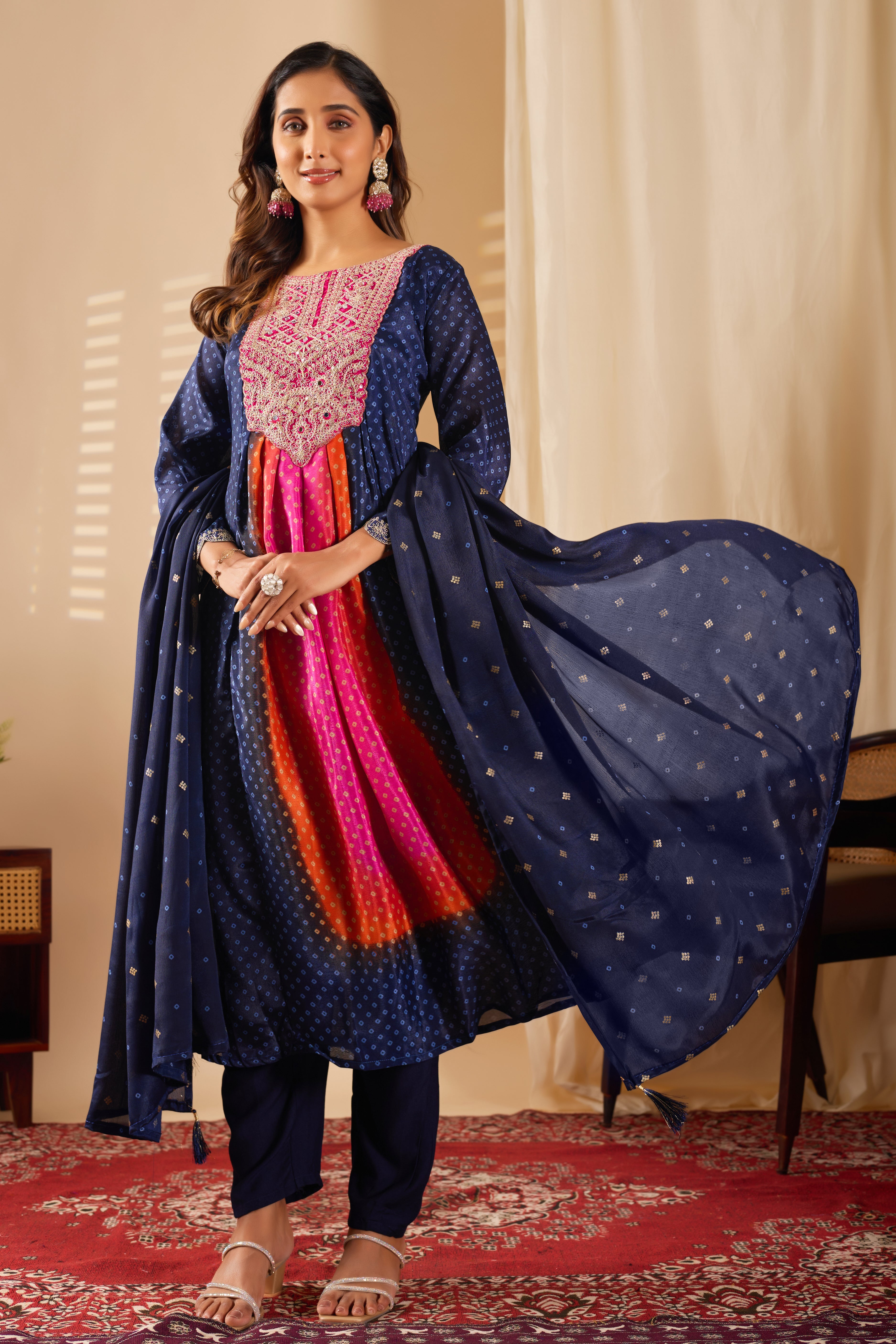 Navy Blue Chinon Kurta Pant Set With Print With Heavy Thread Embroidered Work