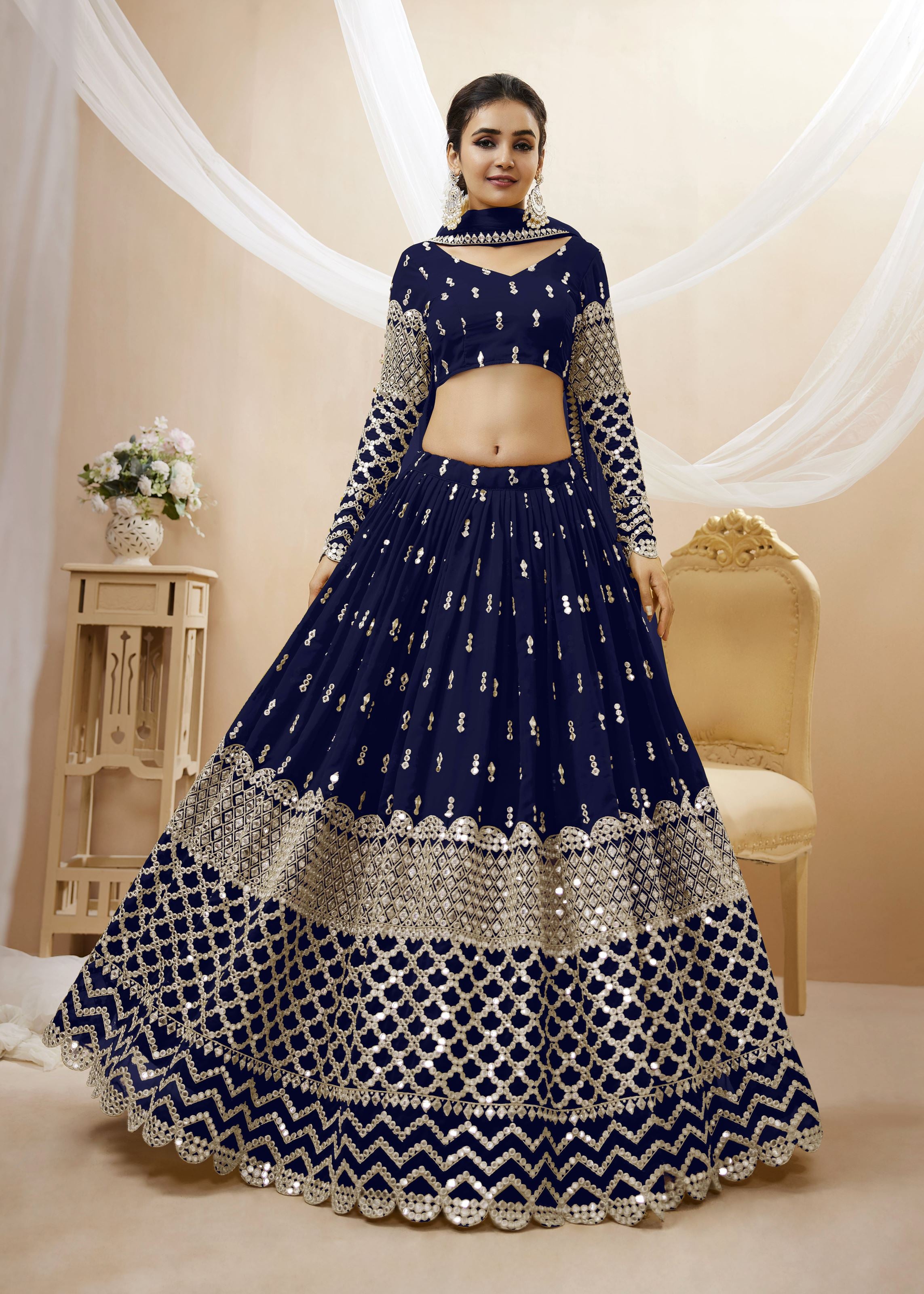 Navy Blue Georgette Lehenga Choli With Sequins Zari Embroidered Work