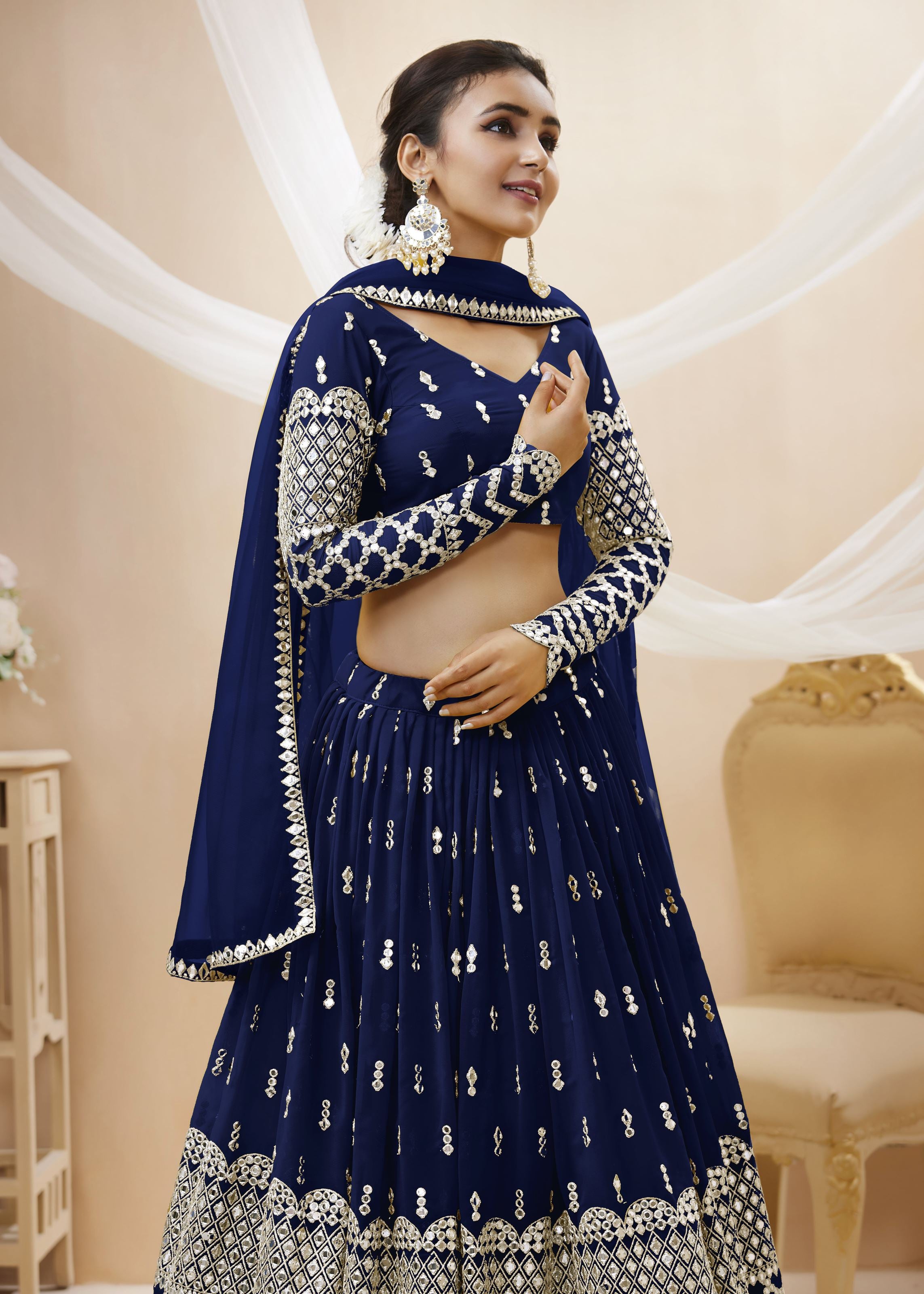 Navy Blue Georgette Lehenga Choli With Sequins Zari Embroidered Work