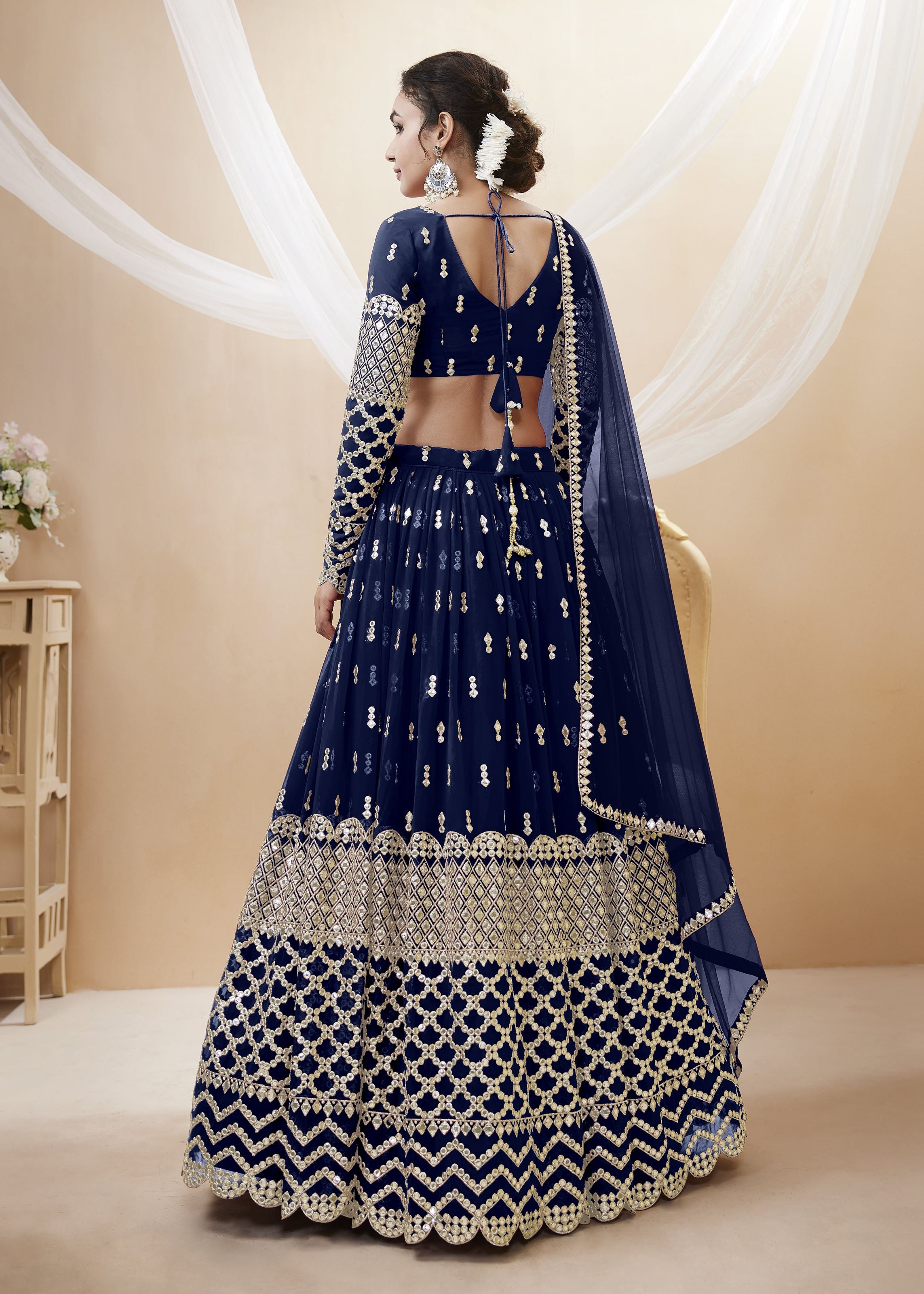Navy Blue Georgette Lehenga Choli With Sequins Zari Embroidered Work
