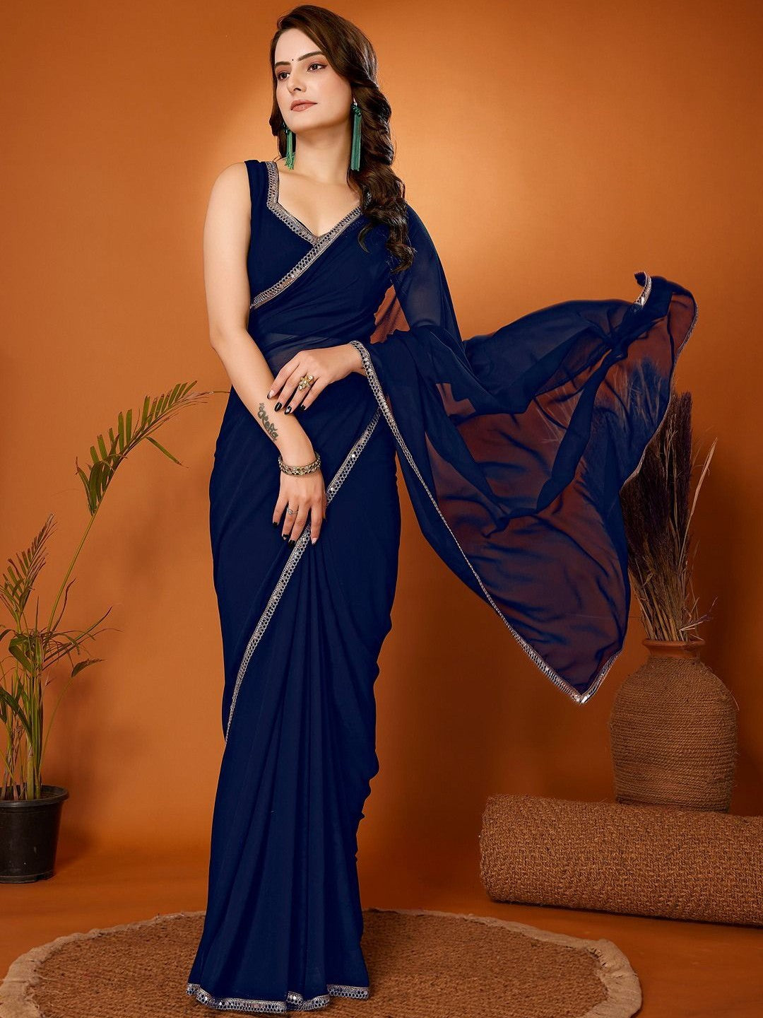Navy Blue Georgette Saree with Mirror Border