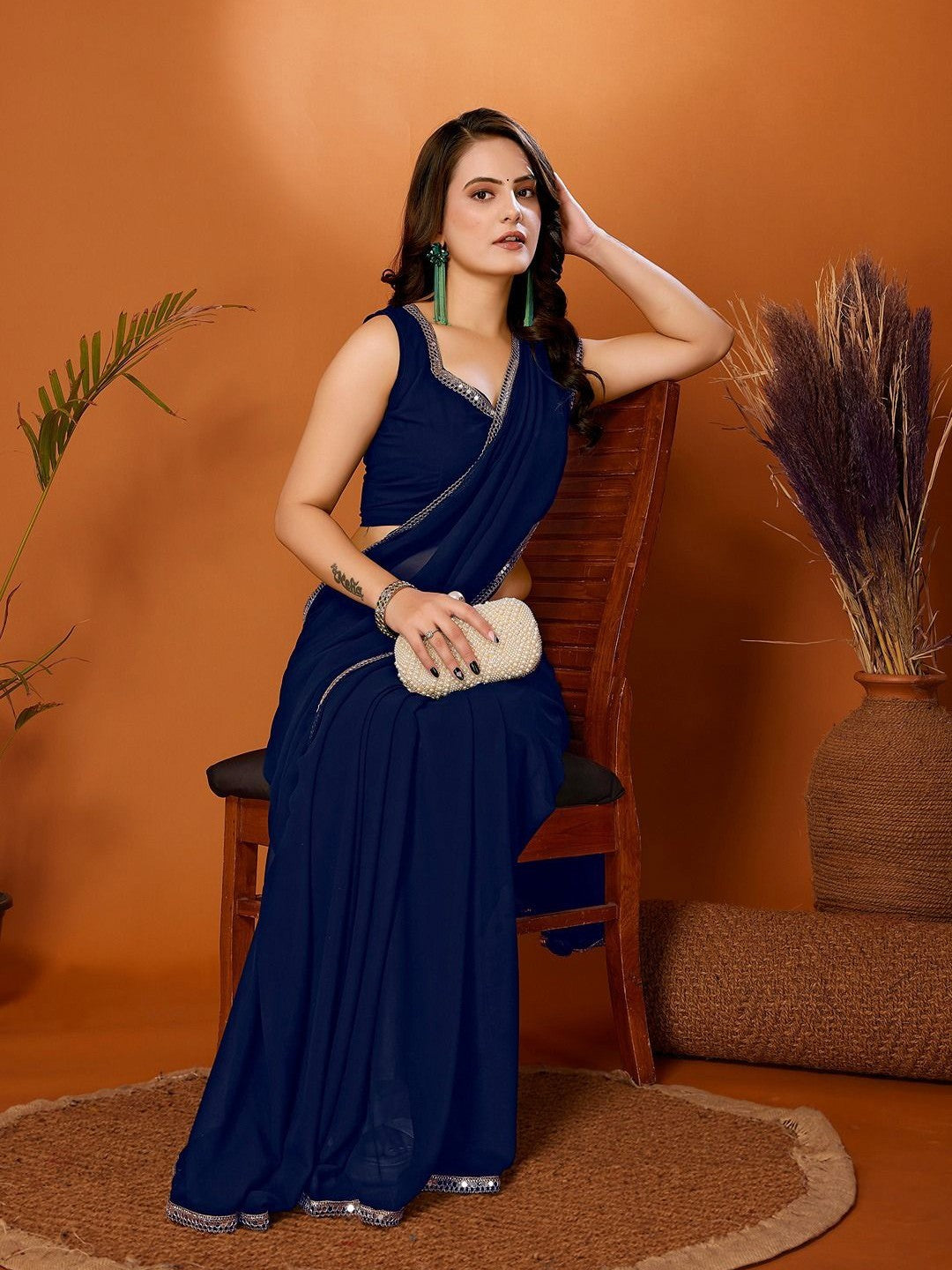 Navy Blue Georgette Saree with Mirror Border