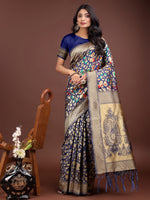 Navy Blue Lichi Silk Woven Designer Girlie Partywear Saree