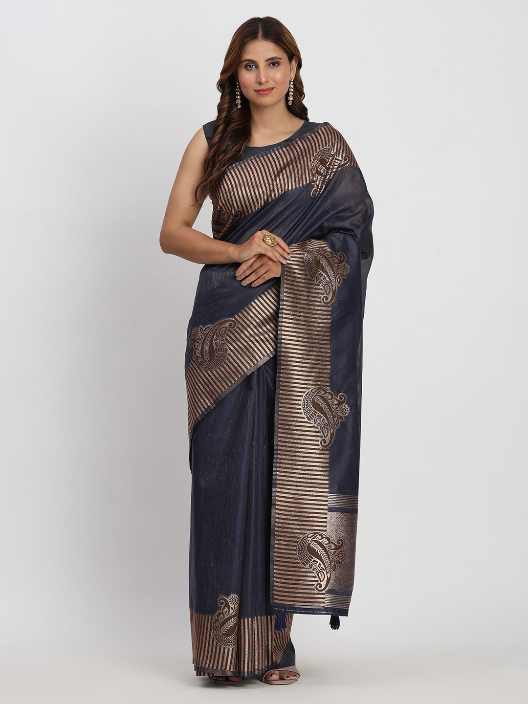 Navy Blue Linen Cotton Woven Galla Designer Traditional Partywear Saree