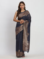 Navy Blue Linen Cotton Woven Galla Designer Traditional Partywear Saree