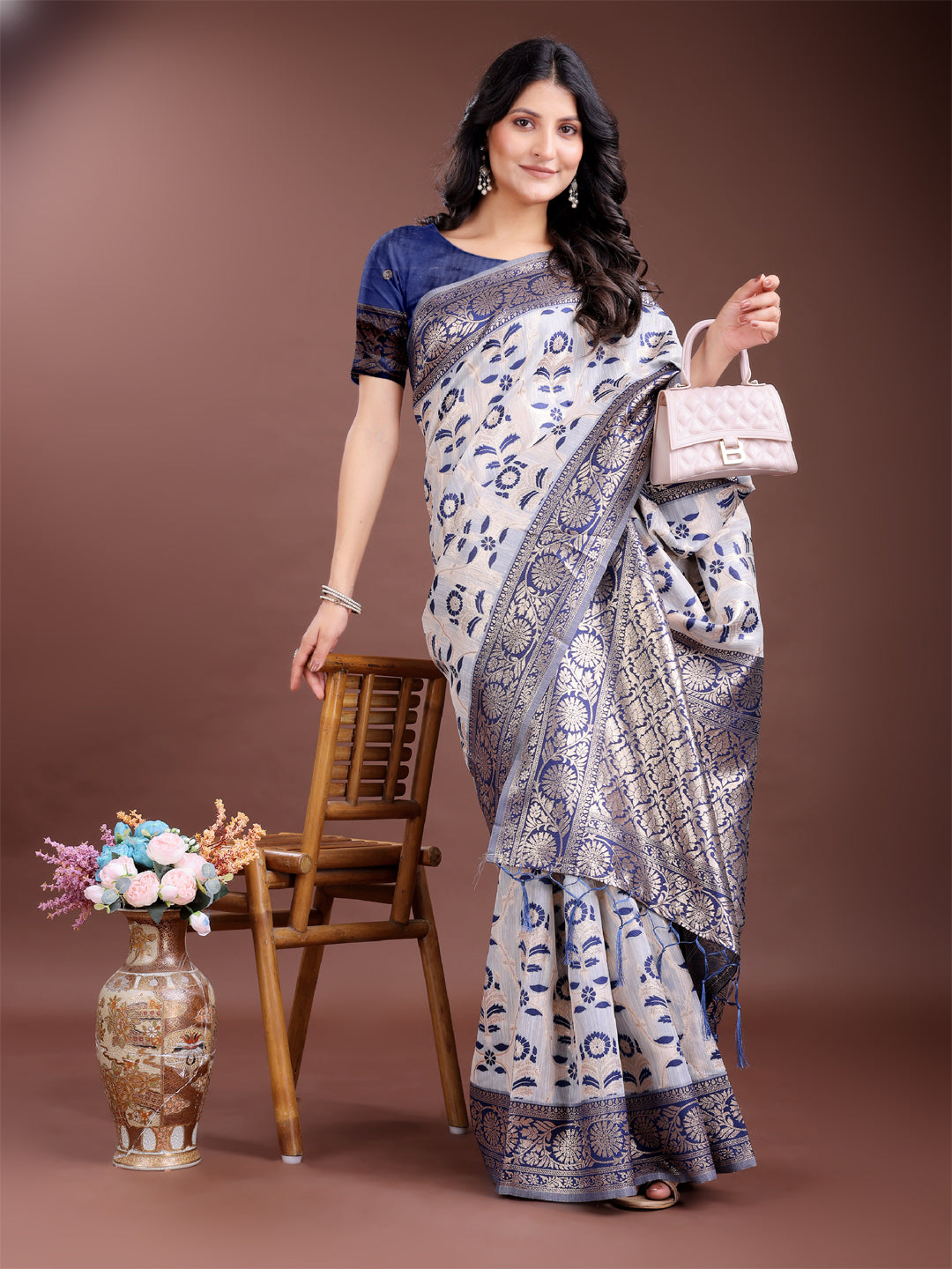 Navy Blue Linen Cotton Woven Jacquard Designer Beautiful Festive Saree