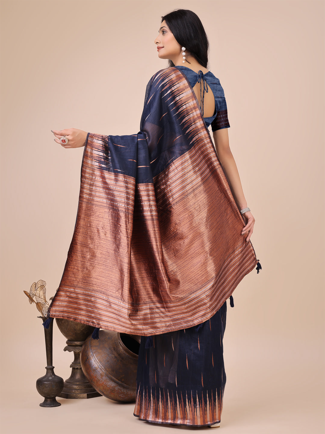 Navy Blue Linen Cotton Woven Jacquard Designer Festive Wear Saree