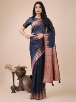 Navy Blue Linen Cotton Woven Jacquard Designer Festive Wear Saree