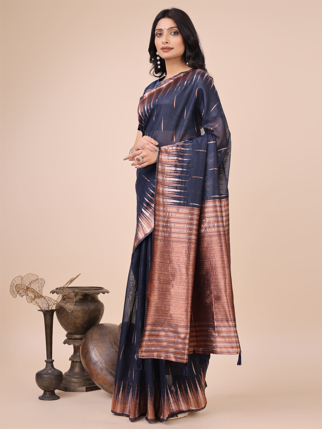 Navy Blue Linen Cotton Woven Jacquard Designer Festive Wear Saree