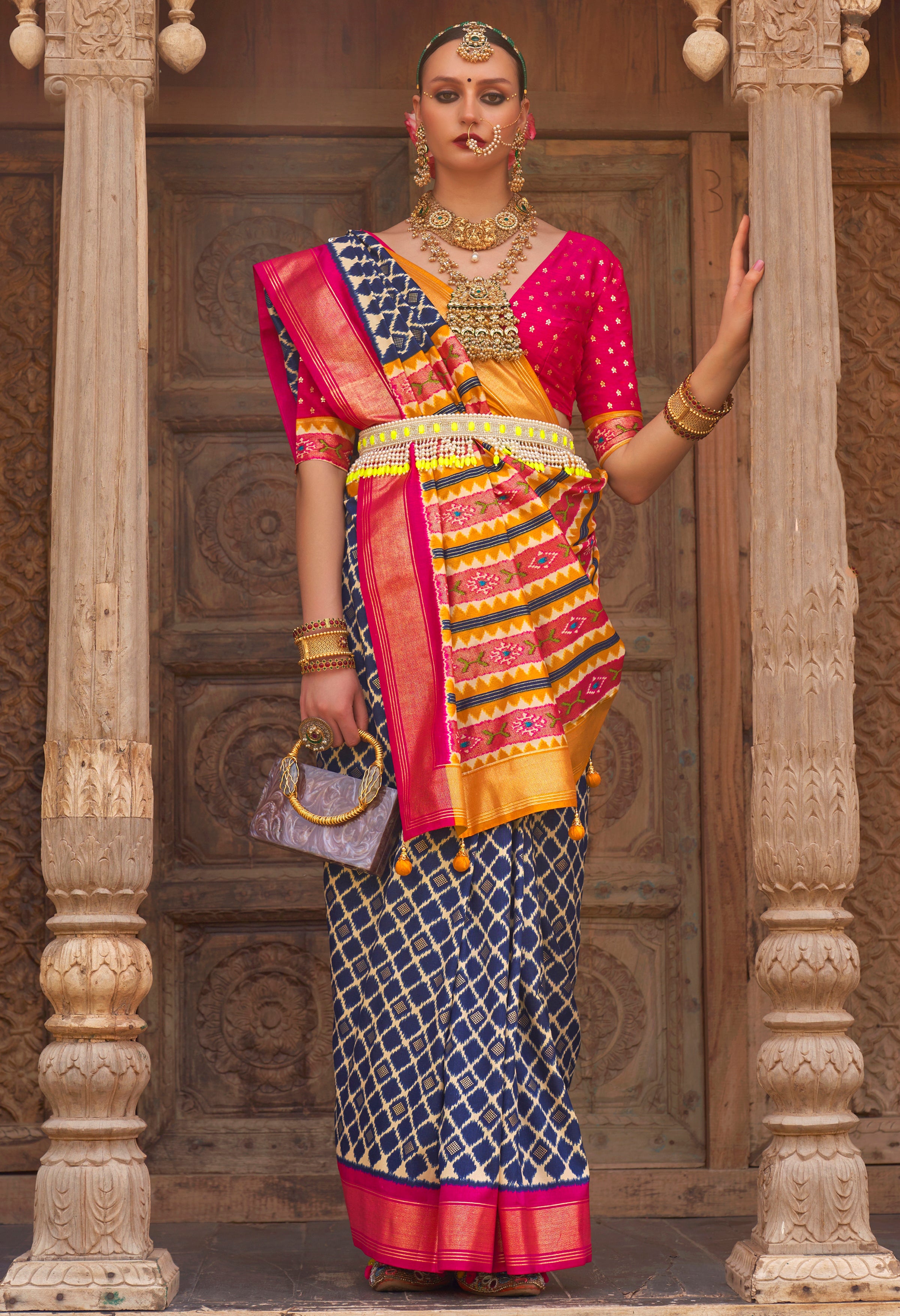 Navy Blue PV Silk Saree with  Printed