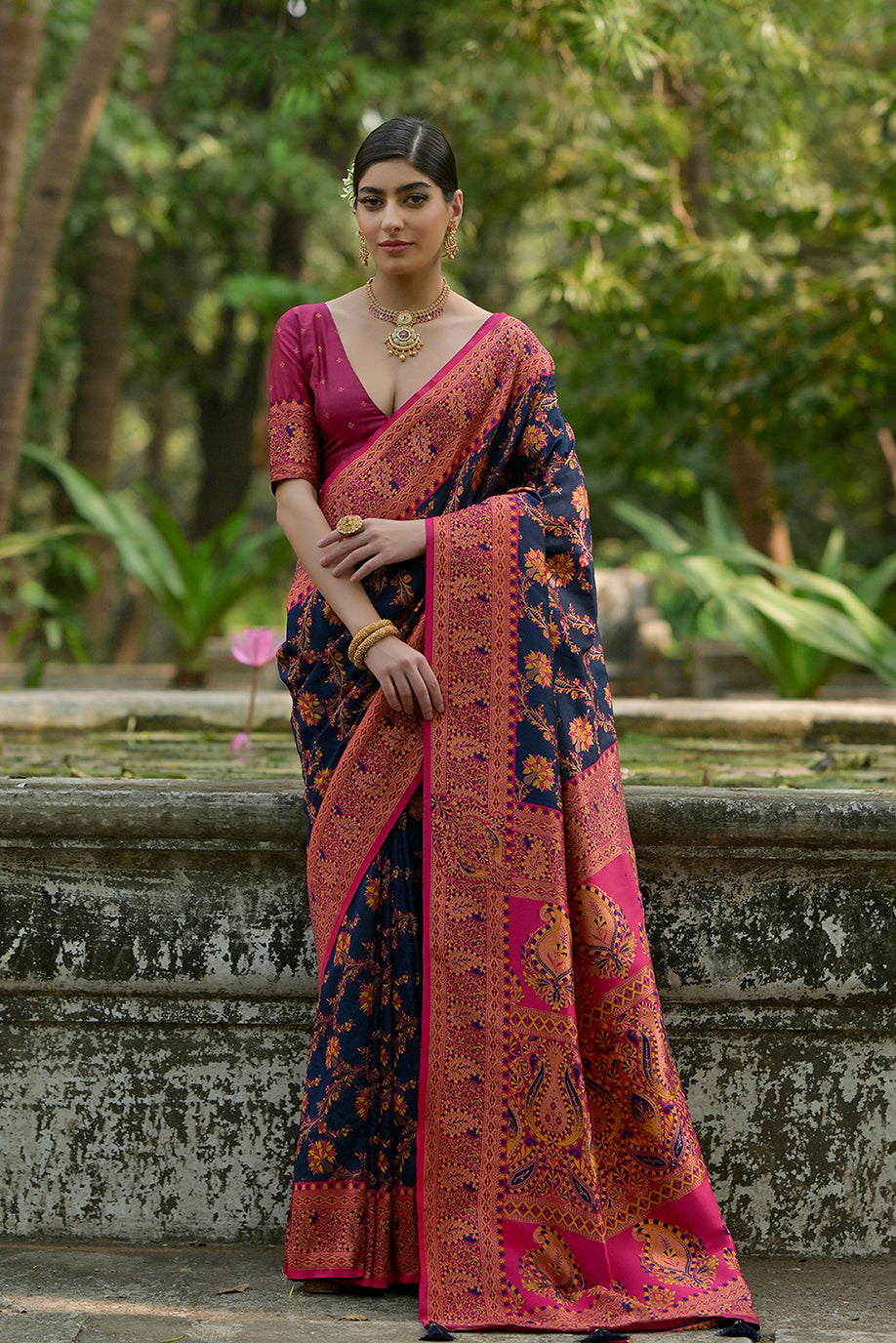 Navy Blue Pashmina Silk Saree with Floral Jal and Thread Pallu