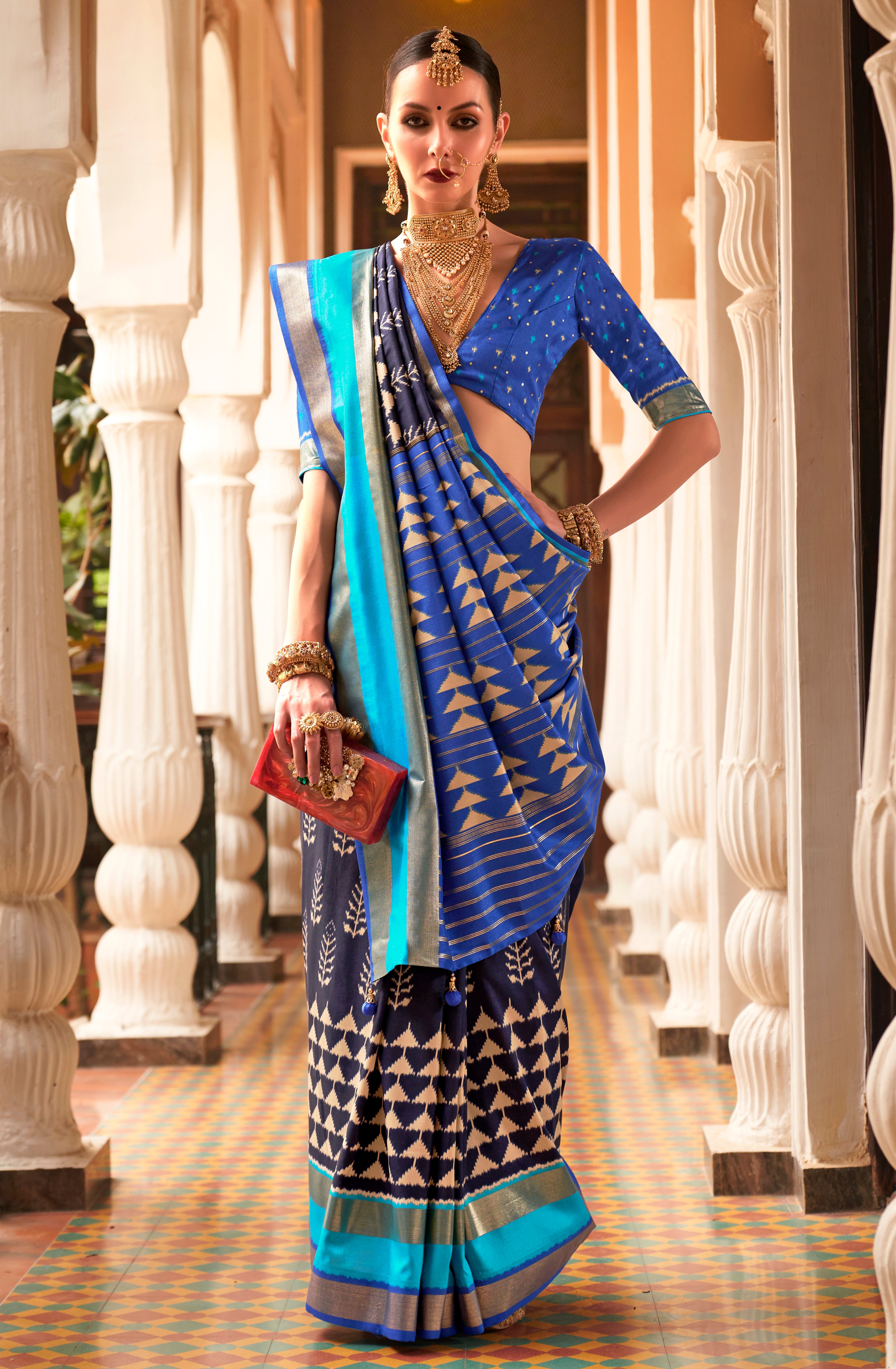 Navy Blue Patola Silk Saree with  Printed