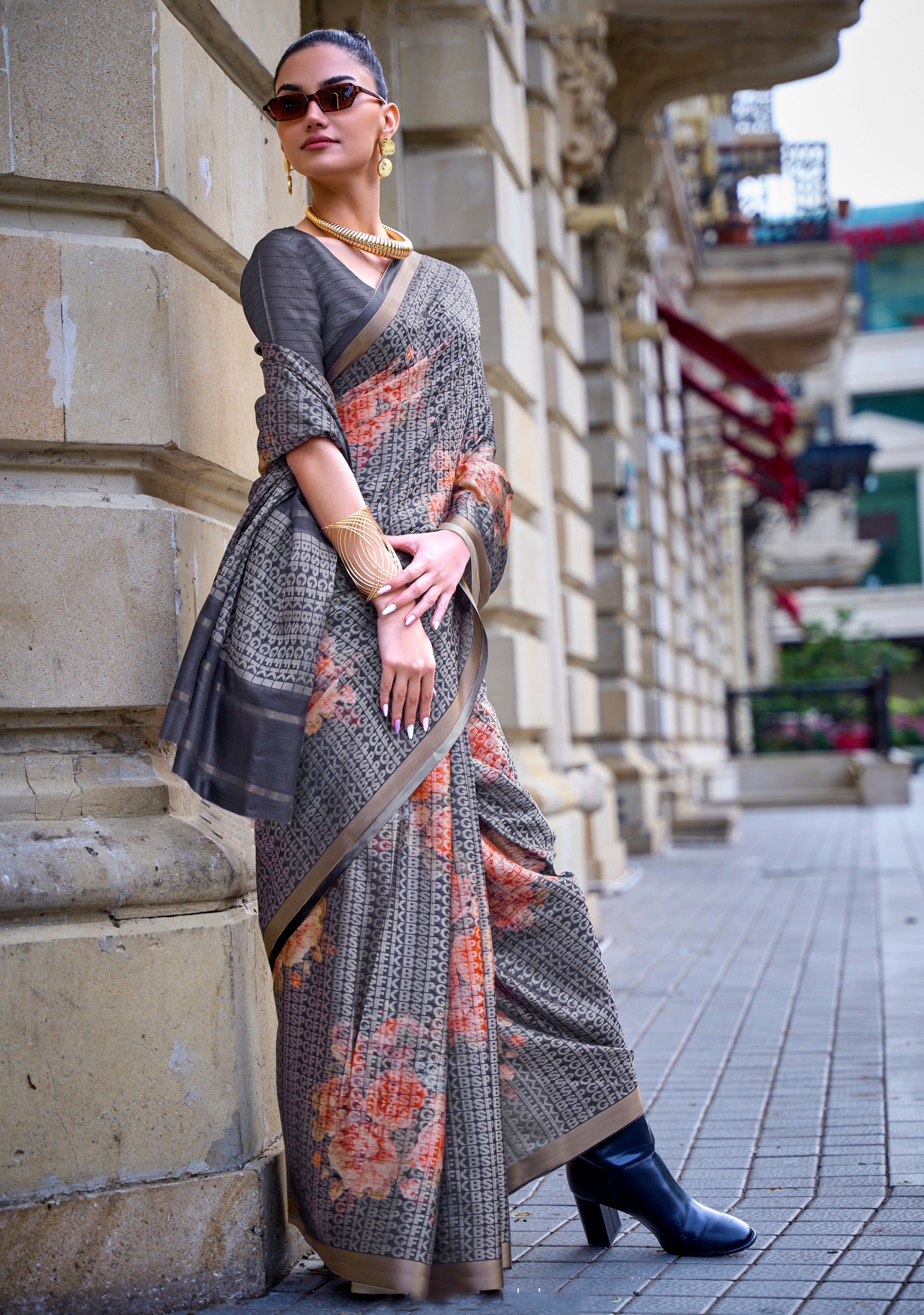 Navy Blue Poly Viscose Saree with Print