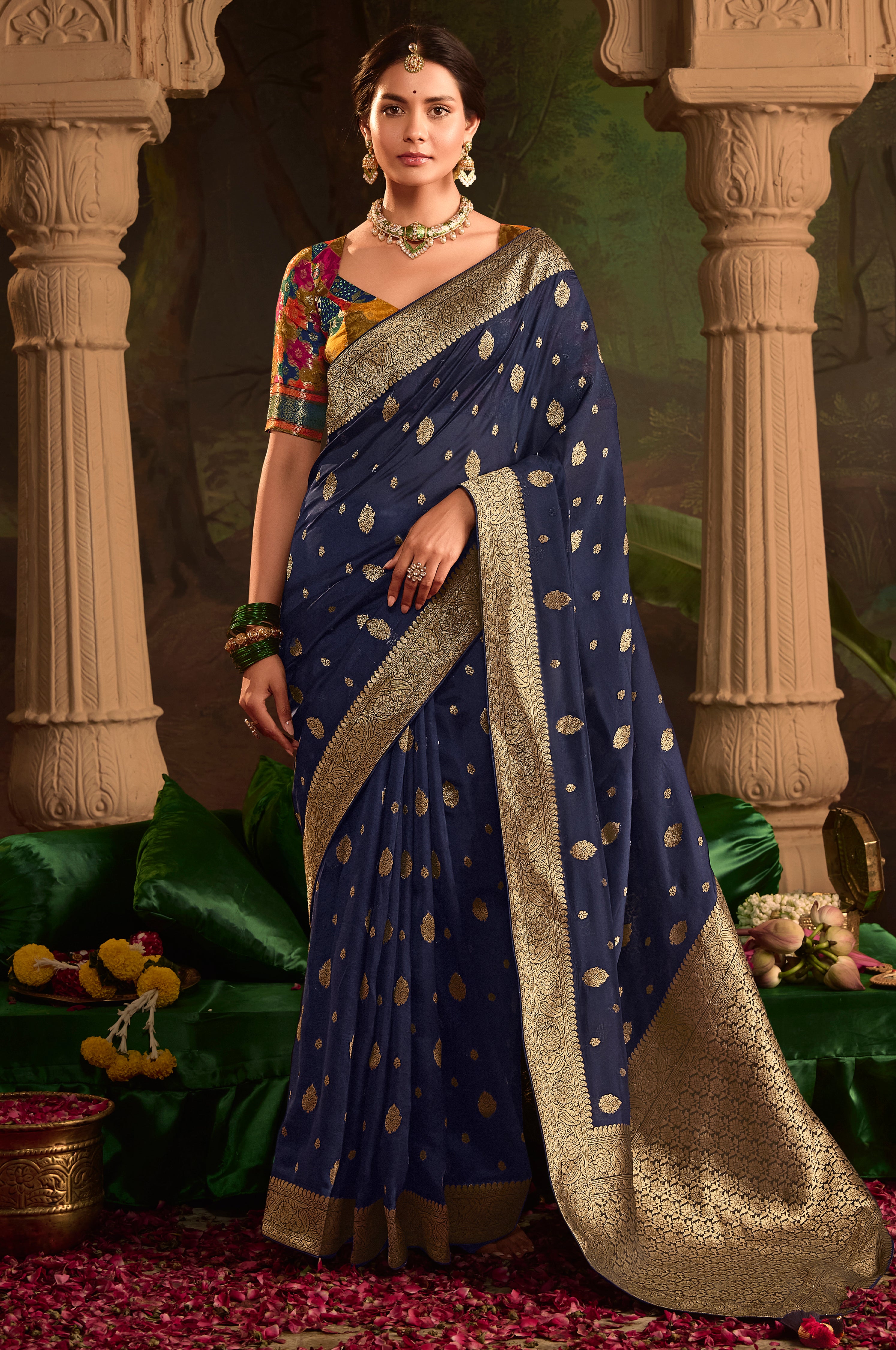Navy Blue Pure Crepe Dola Silk Saree With Jacquard Woven Work