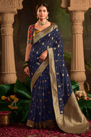 Navy Blue Pure Crepe Dola Silk Saree With Jacquard Woven Work