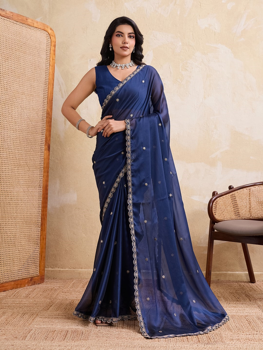 Navy Blue Rangoli Silk Saree With Embroidery Designer Festive Saree