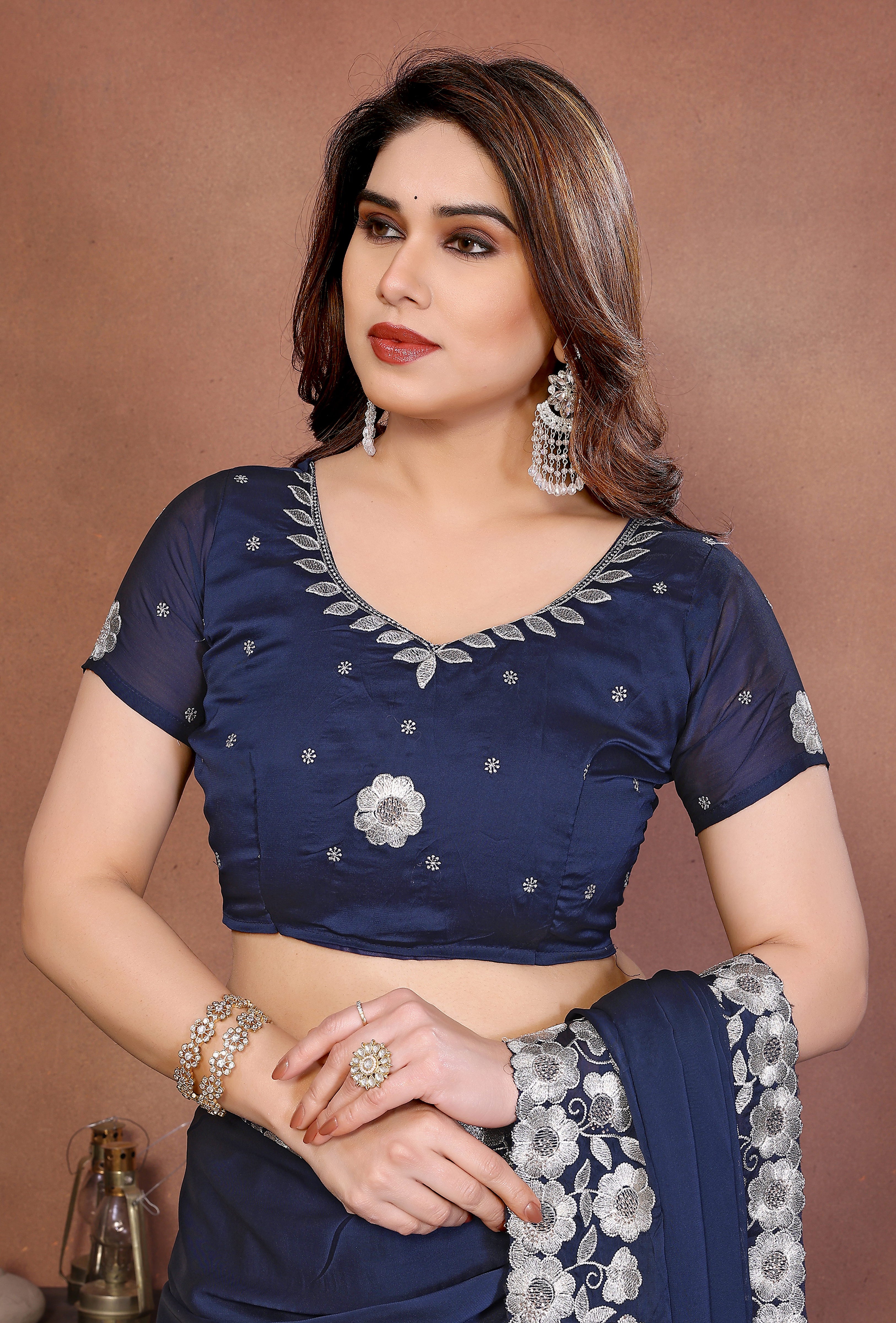 Navy Blue Rangoli Silk Saree with Heavy Traditional Embroidery