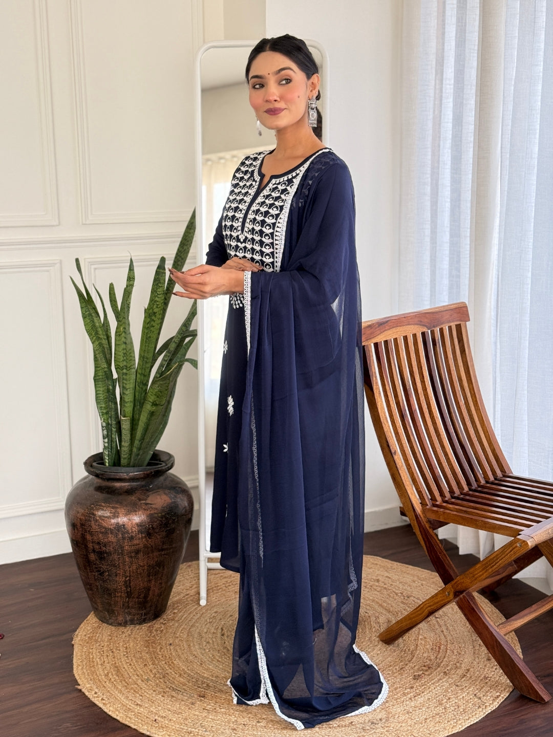 Navy Blue Rayon Elegant Kurta Pant Set With Thread Work
