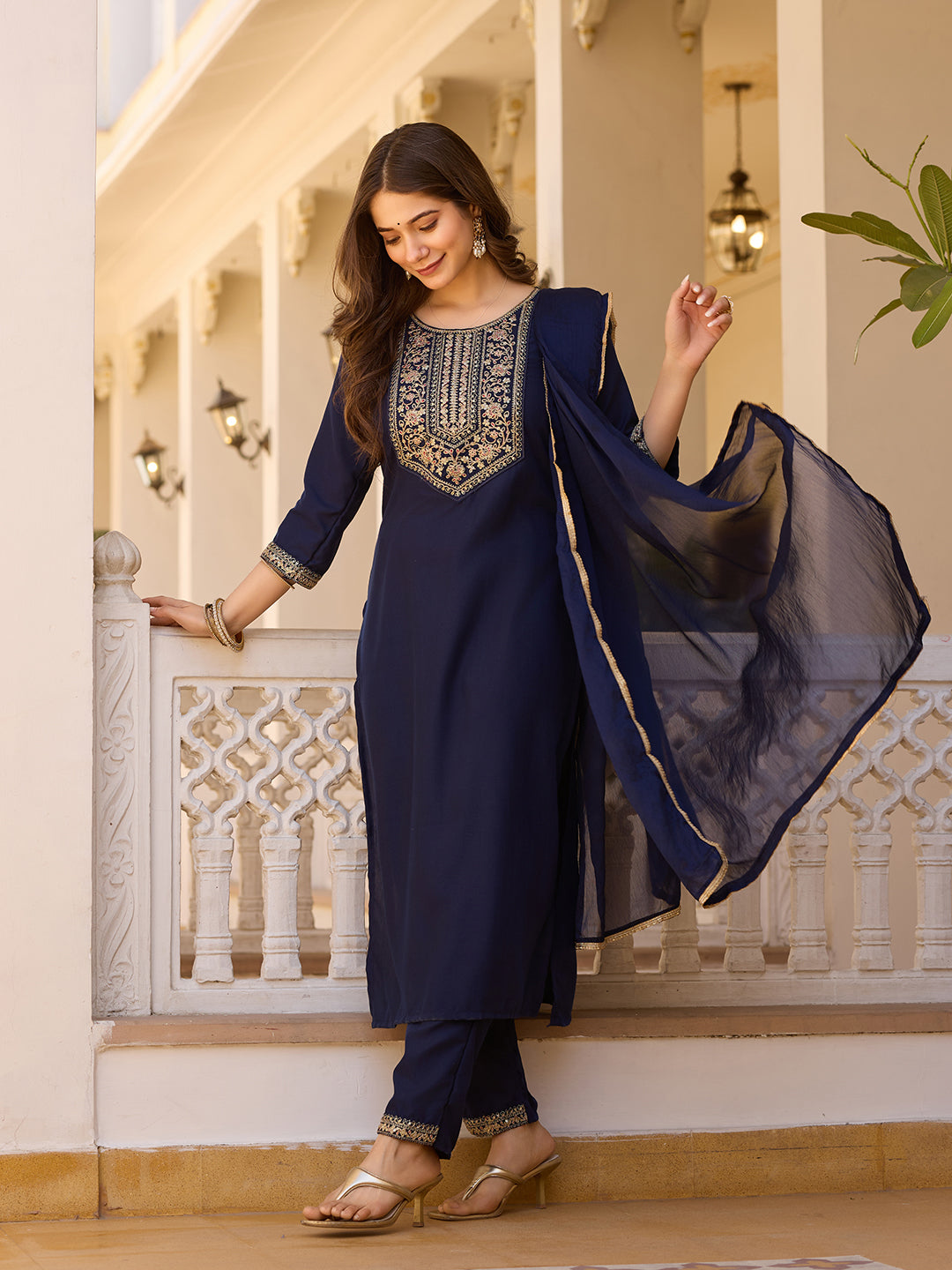 Navy Blue Rayon Kurta Pant Set With Thread Embroidered With Sequins Work