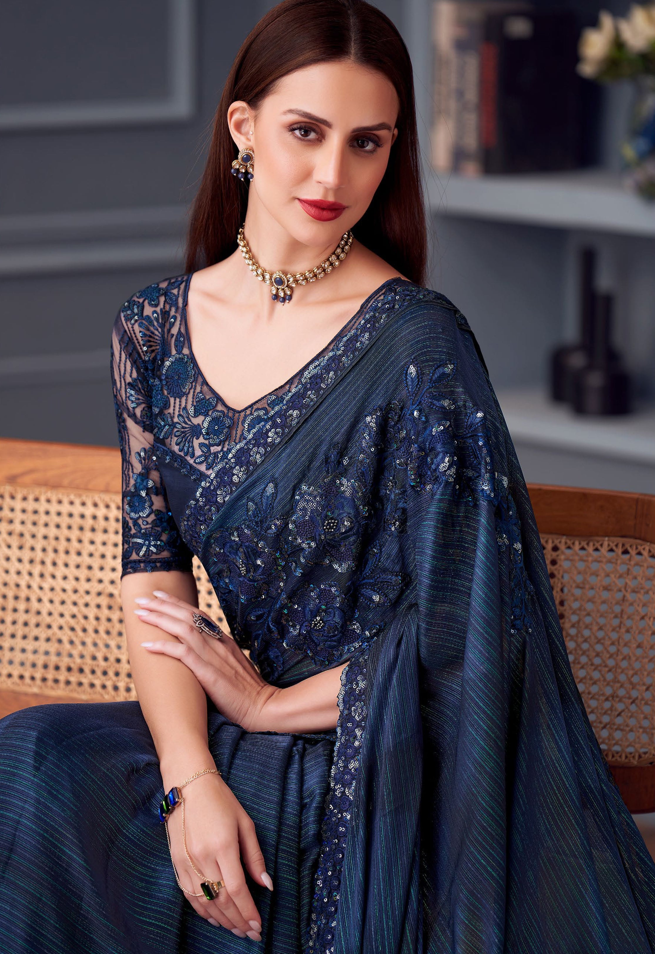 Navy Blue Saree With  Heavy Thread Embroidery Sequins Work