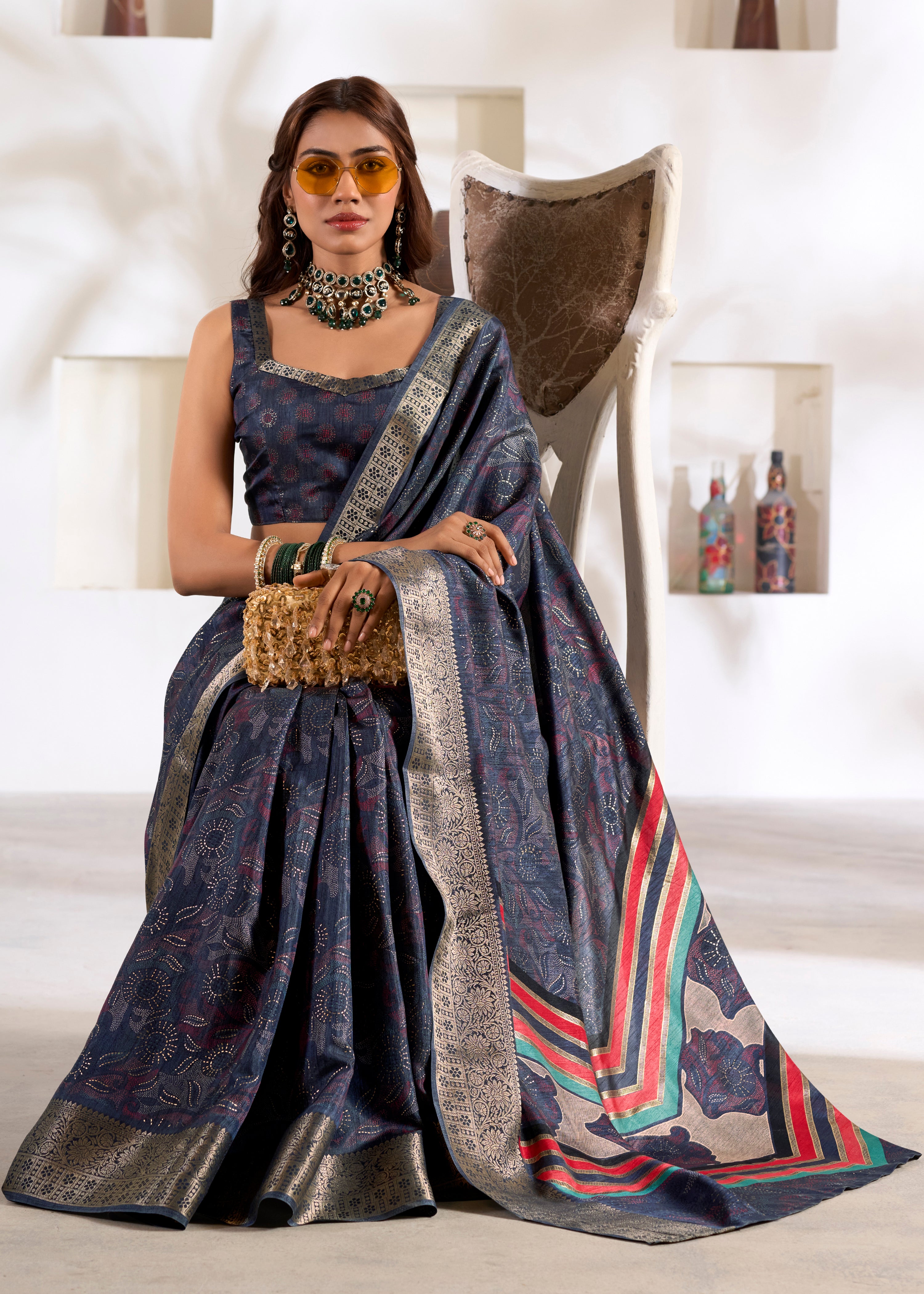 Navy Blue Soft Dola Silk Saree With  Foil Print With Jacquard Woven Work