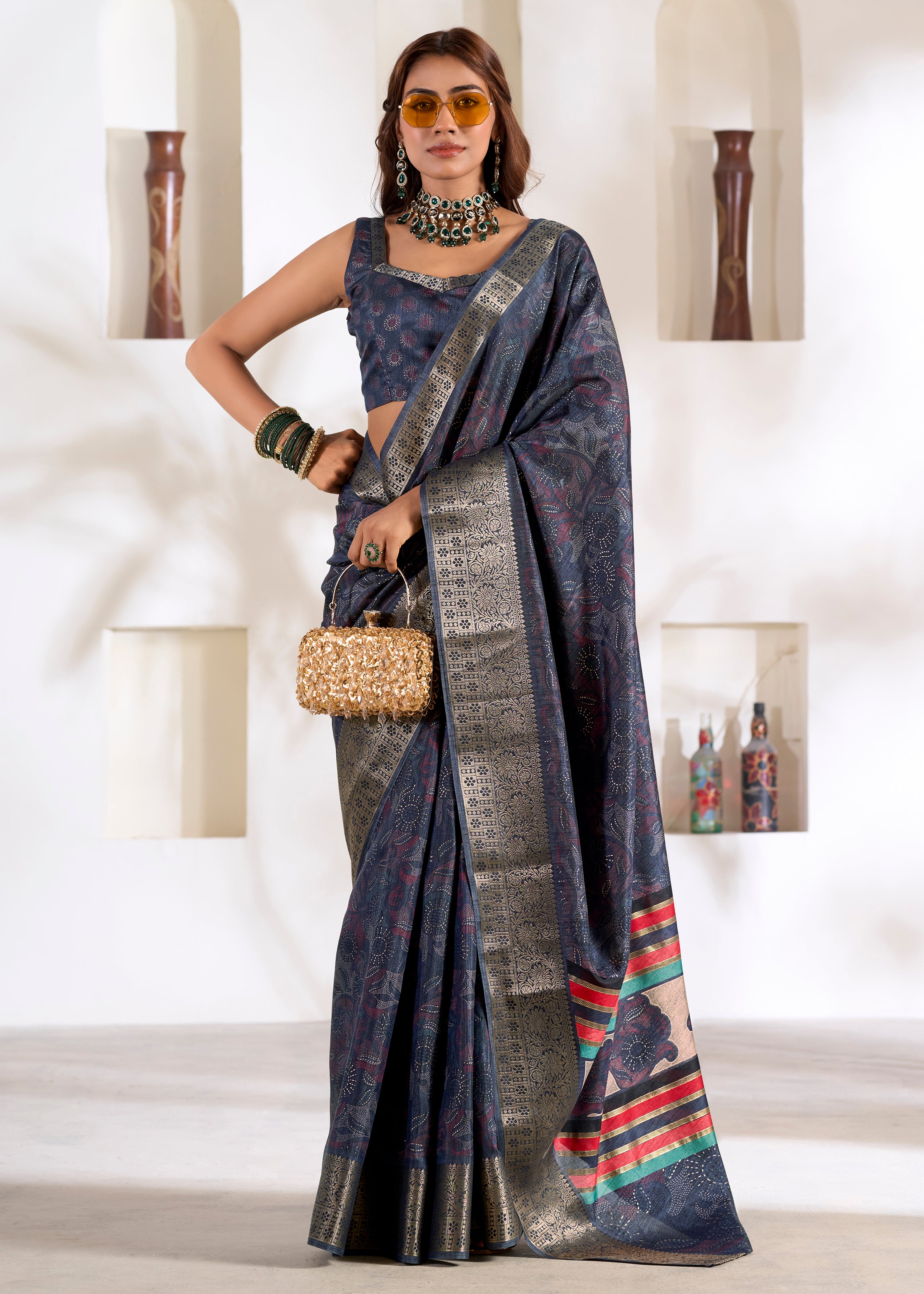 Navy Blue Soft Dola Silk Saree With  Foil Print With Jacquard Woven Work