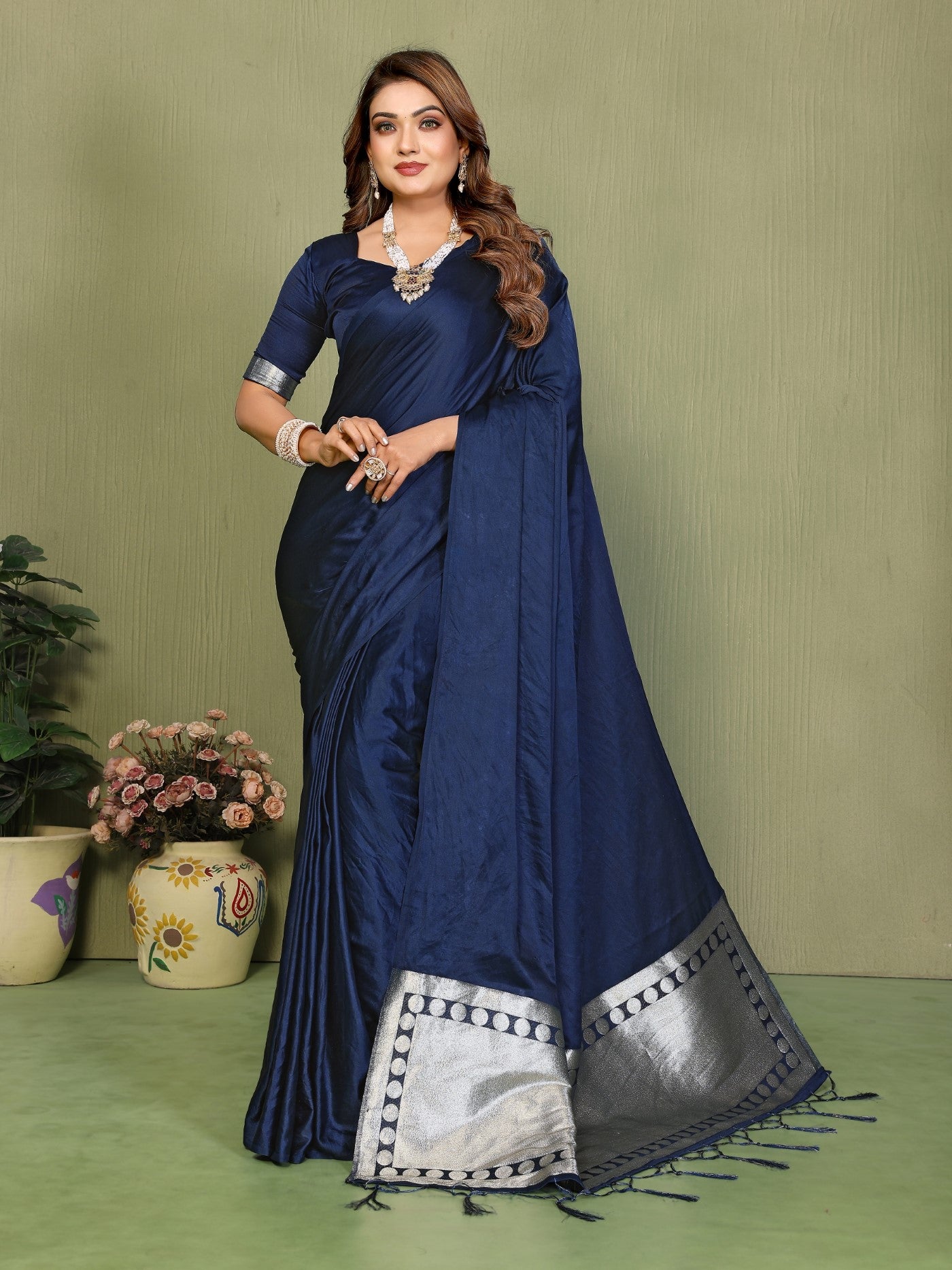 Navy Blue Soft Satin Silk Saree With Classic Zari Weaving