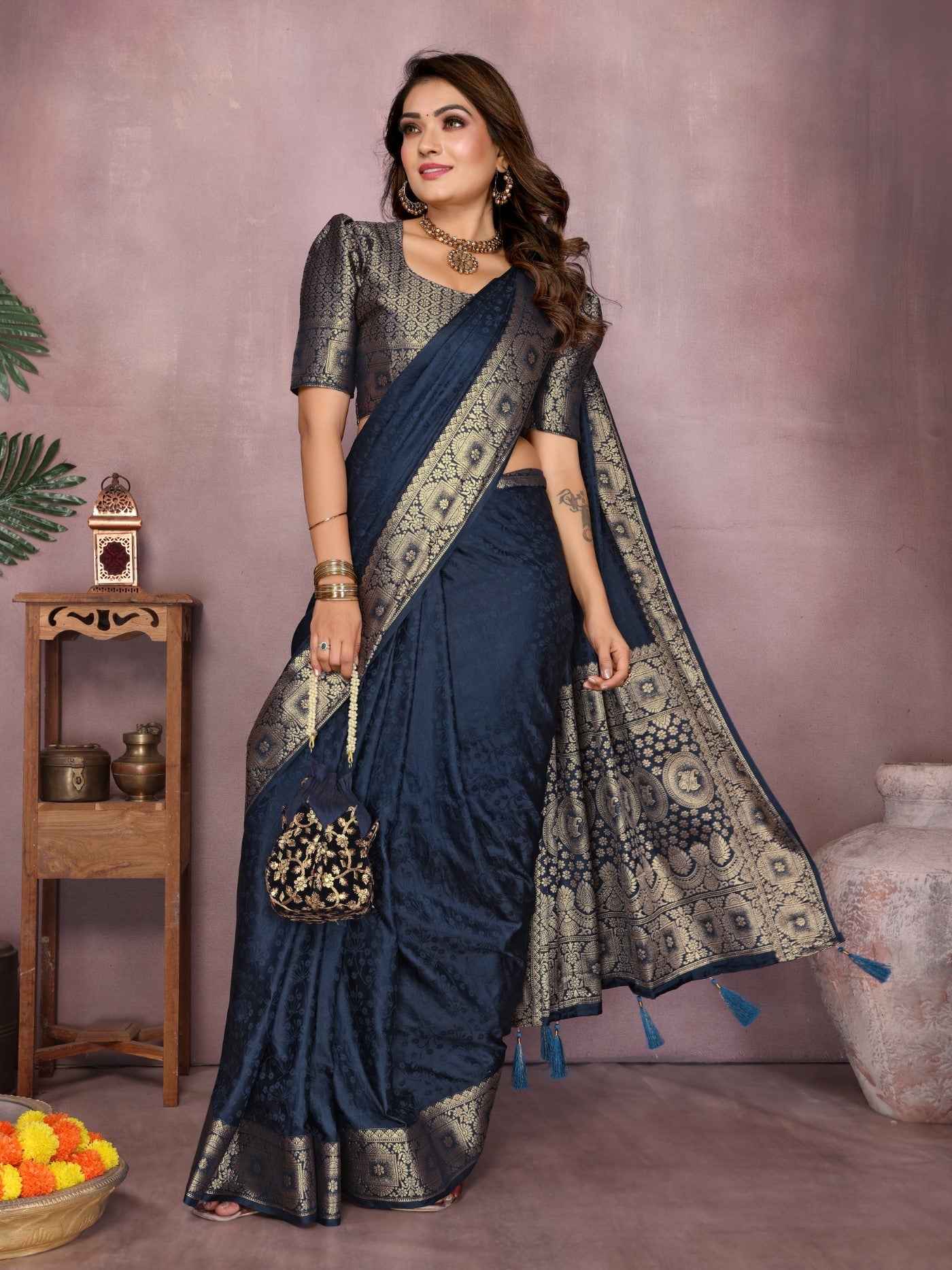 Navy Blue Soft Satin Silk Saree With Designer Zari Weaving