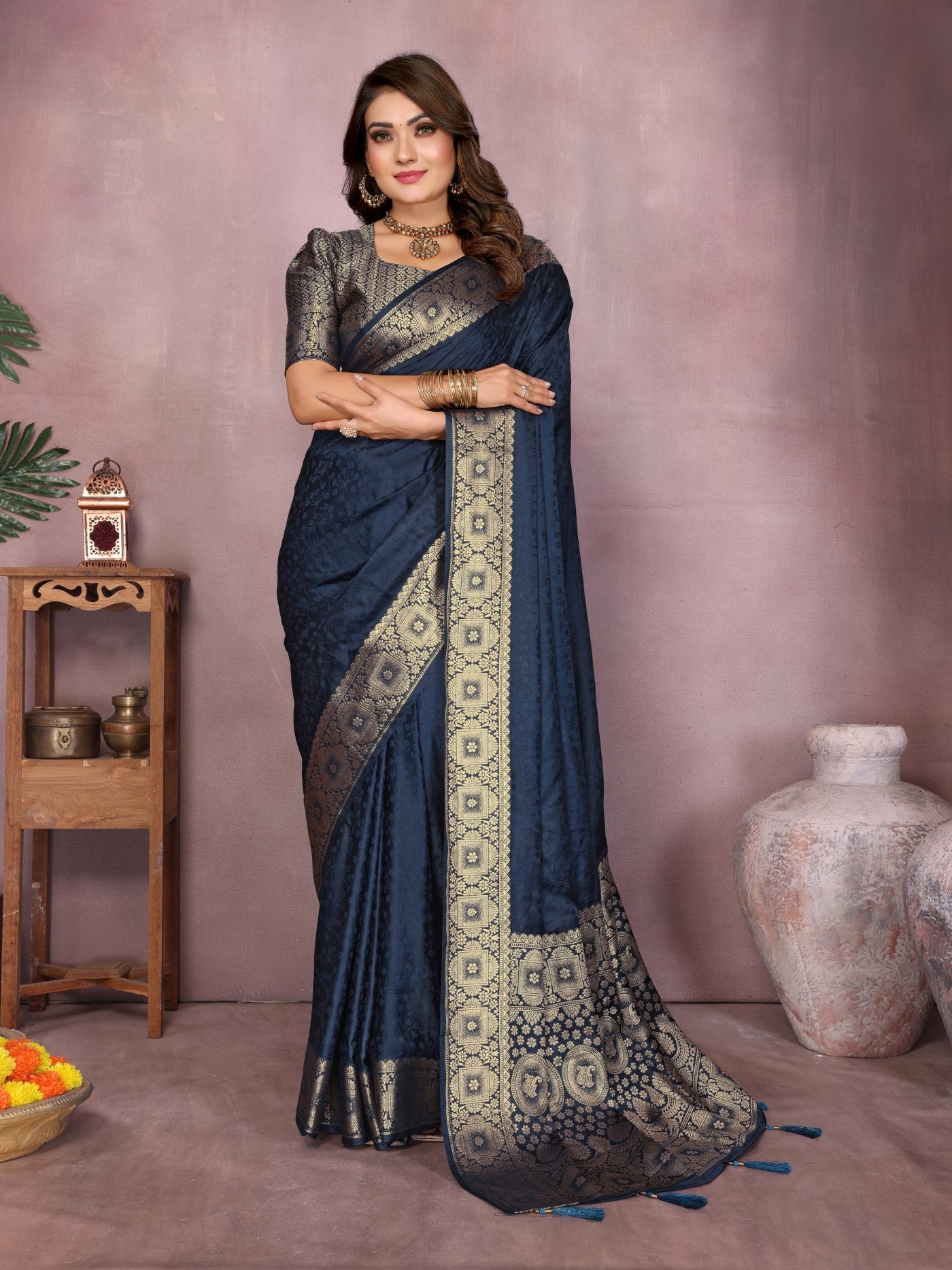 Navy Blue Soft Satin Silk Saree With Designer Zari Weaving