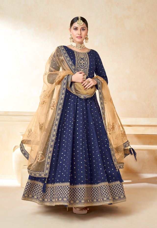 Navy Blue Taffeta Butti Heavy Thread Embroidery, Zari With Sequins Work  Anarkali Suits