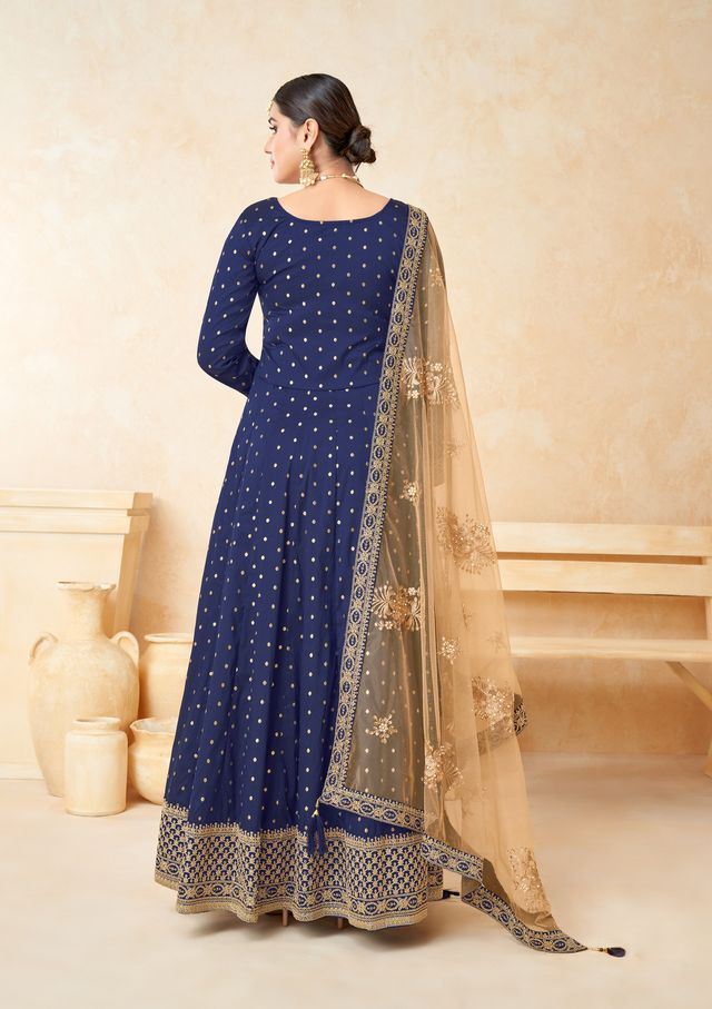 Navy Blue Taffeta Butti Heavy Thread Embroidery, Zari With Sequins Work  Anarkali Suits