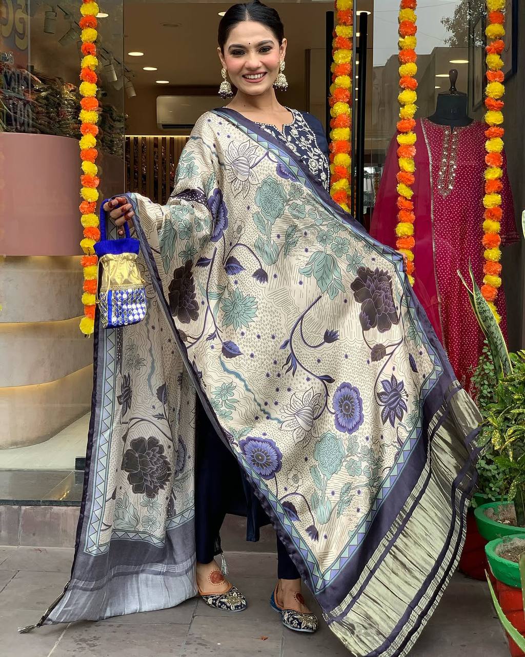 Navy Blue Viscose Chanderi Kurta Pant Set With Heavy Thread Embroidered Work With Printed Dupatta