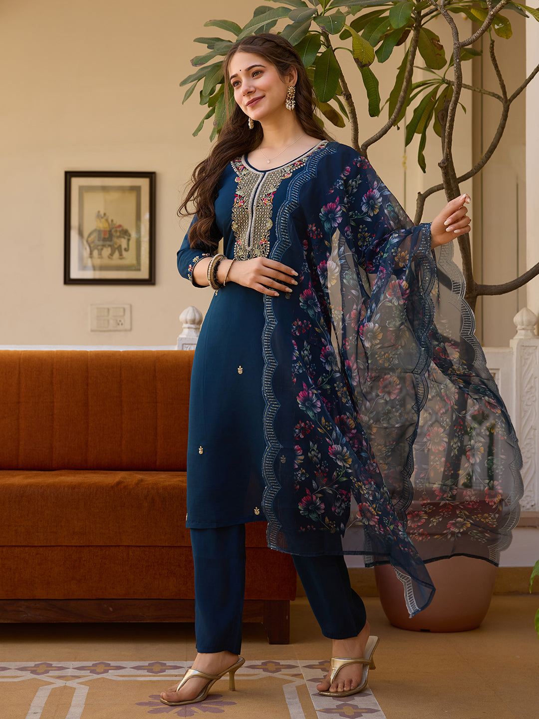 Navy Blue Viscose Chanderi Kurta Pant Set With Thread Embroidered With Beads Work