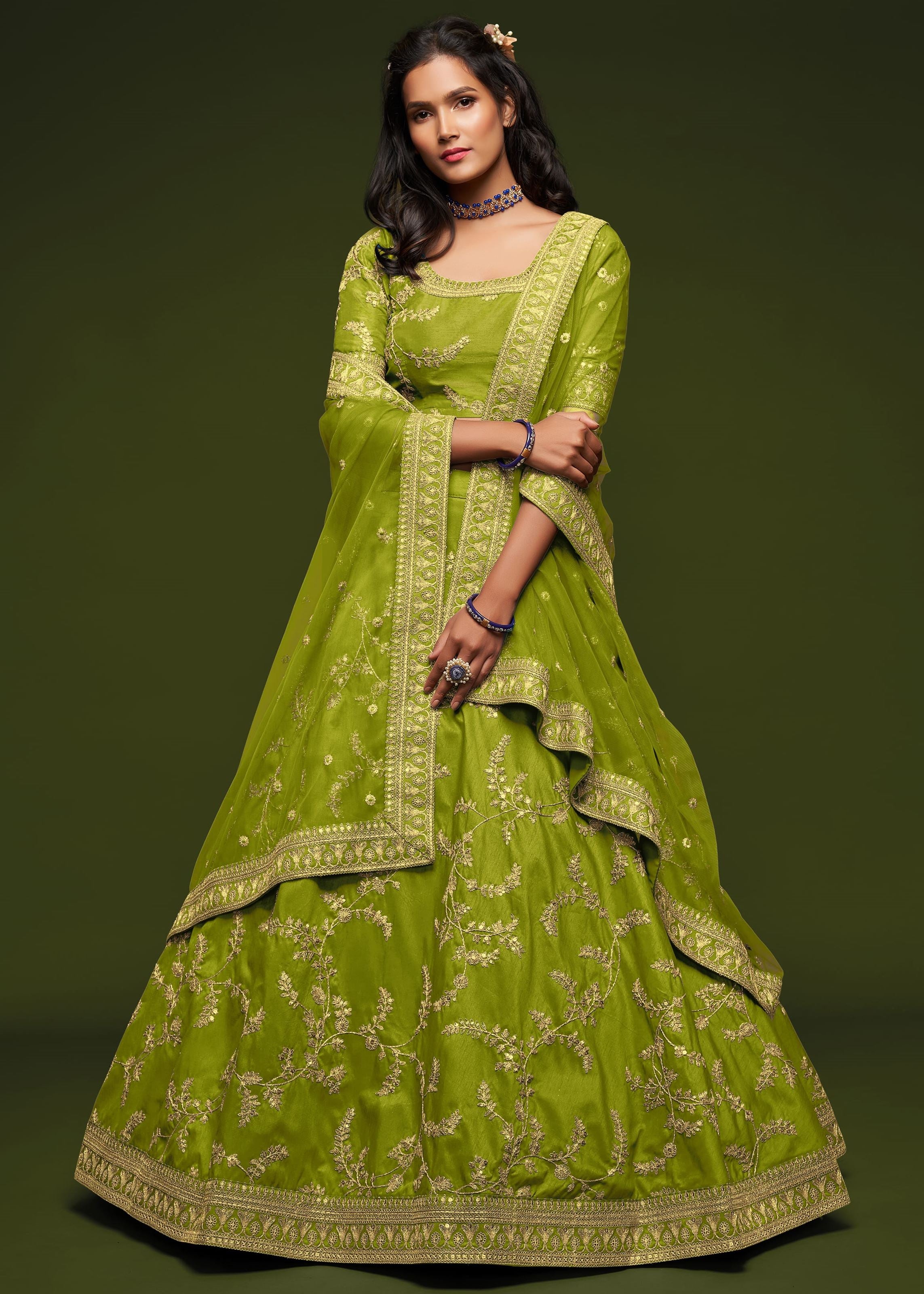 Neon Art Silk Lehenga Choli With Thread, Zari, Dori and Sequins Embroidery Work