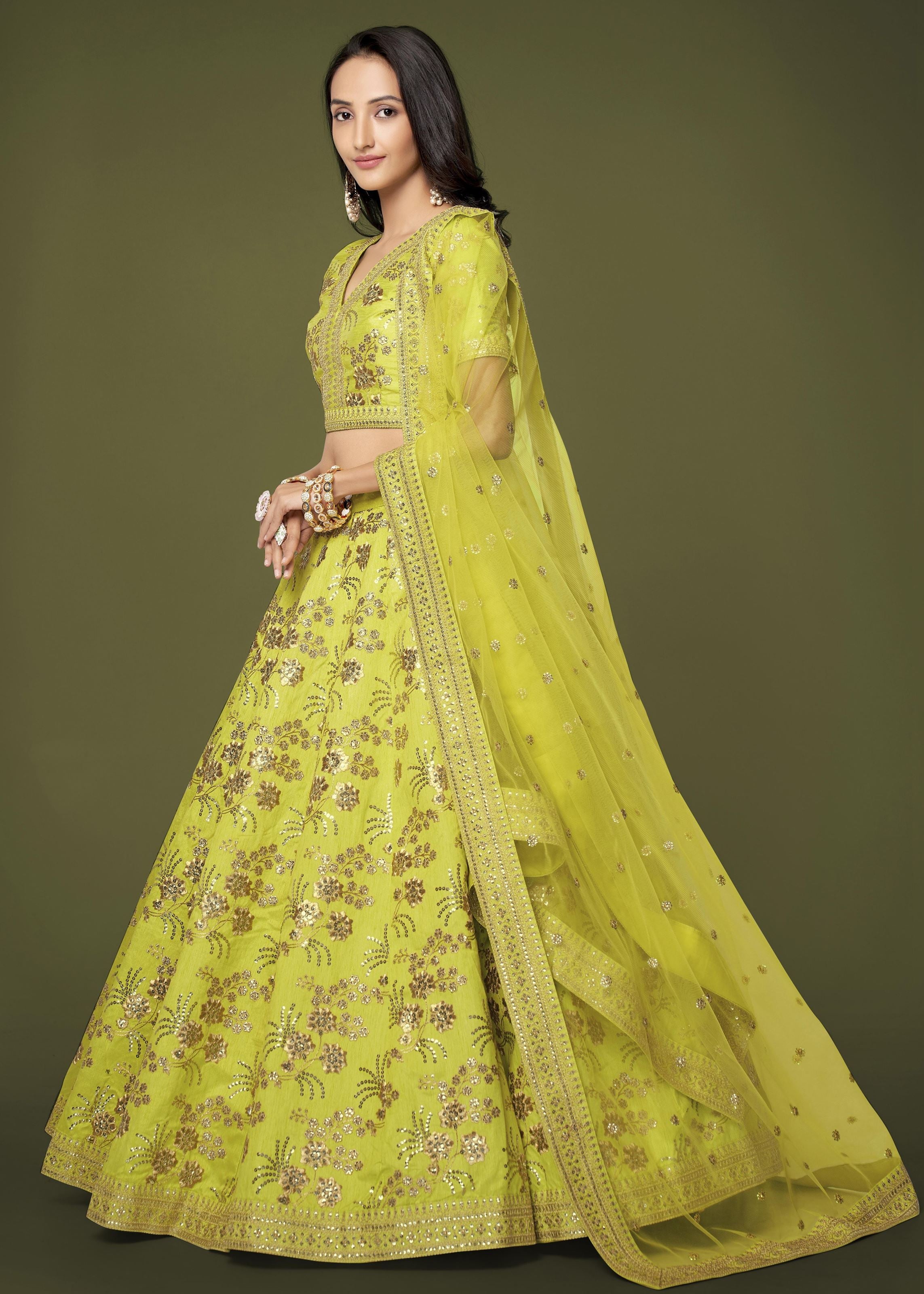 Neon Slub Silk Lehenga Choli With Zari Sequins and Dori Embroidery Work
