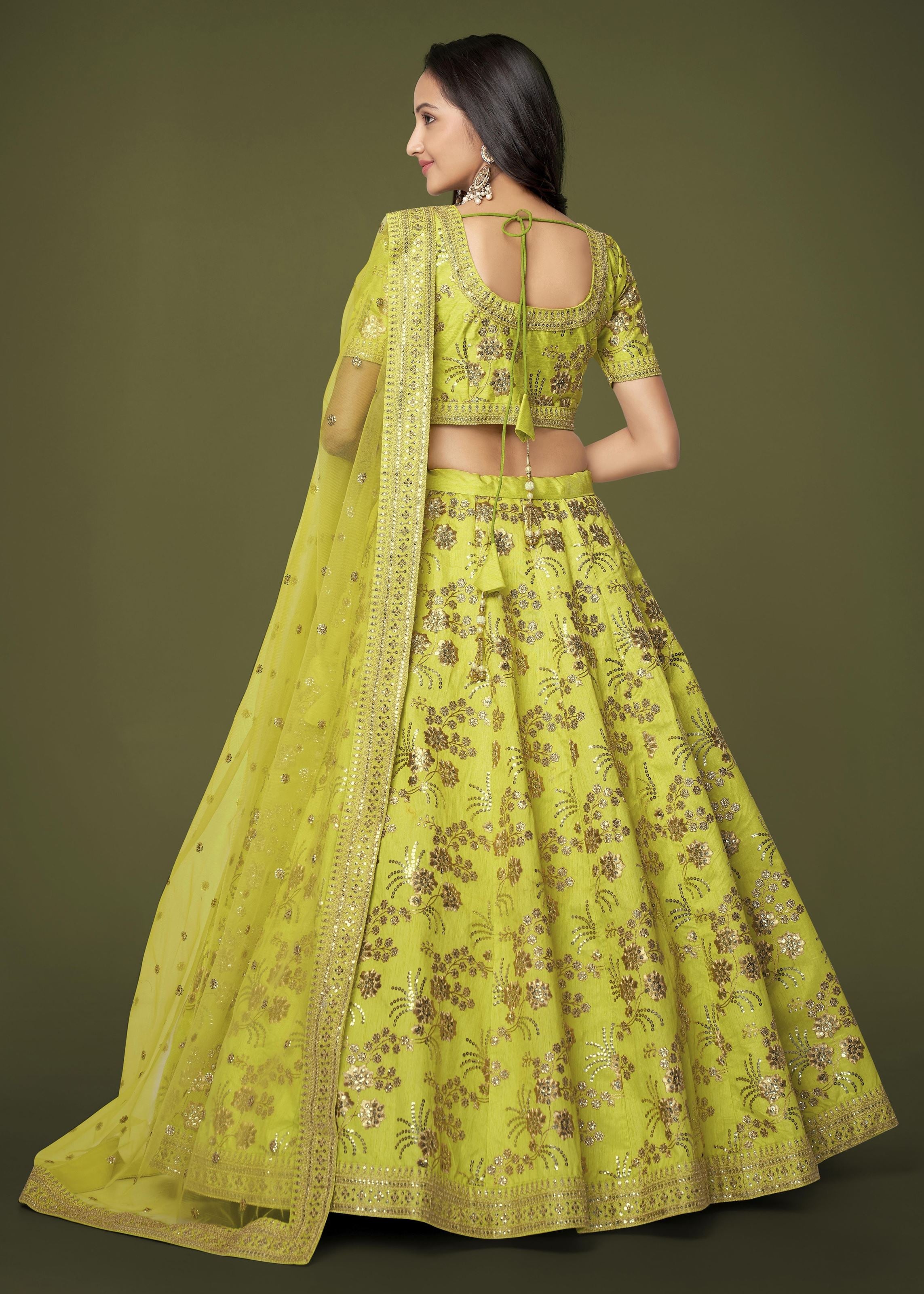 Neon Slub Silk Lehenga Choli With Zari Sequins and Dori Embroidery Work